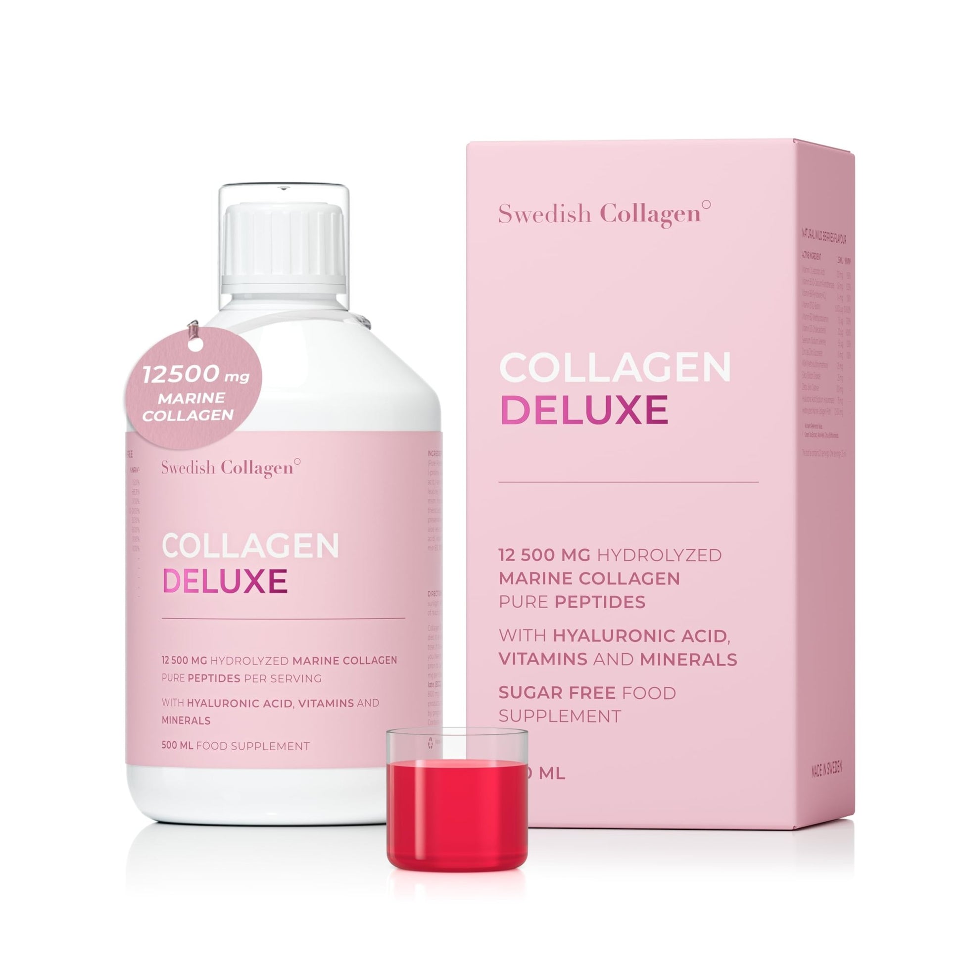 Swedish Collagen Deluxe 12,500 mg Hydrolyzed Marine Collagen Liquid Supplement - 20 Day Supply, 500 ml, Type 1 & 3 | Peptides & Vitamins for Hair, Skin, Nails, Joints | Clinically Tested | Sugar Free - dailyvitalstore