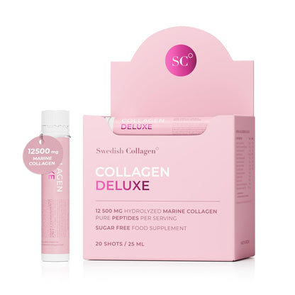 Swedish Collagen Deluxe, 12,500 mg Hydrolyzed Marine Collagen Liquid Supplement - 20 x 25 ml Daily Shots | Hyaluronic Acid, Biotin & Vitamin C for Healthy Hair, Skin, Nails & Joints | Sugar-Free - dailyvitalstore