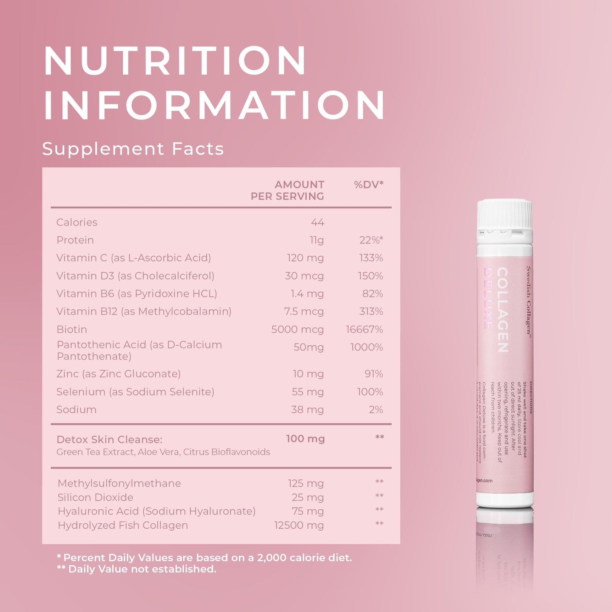 Swedish Collagen Deluxe, 12,500 mg Hydrolyzed Marine Collagen Liquid Supplement - 20 x 25 ml Daily Shots | Hyaluronic Acid, Biotin & Vitamin C for Healthy Hair, Skin, Nails & Joints | Sugar-Free - dailyvitalstore