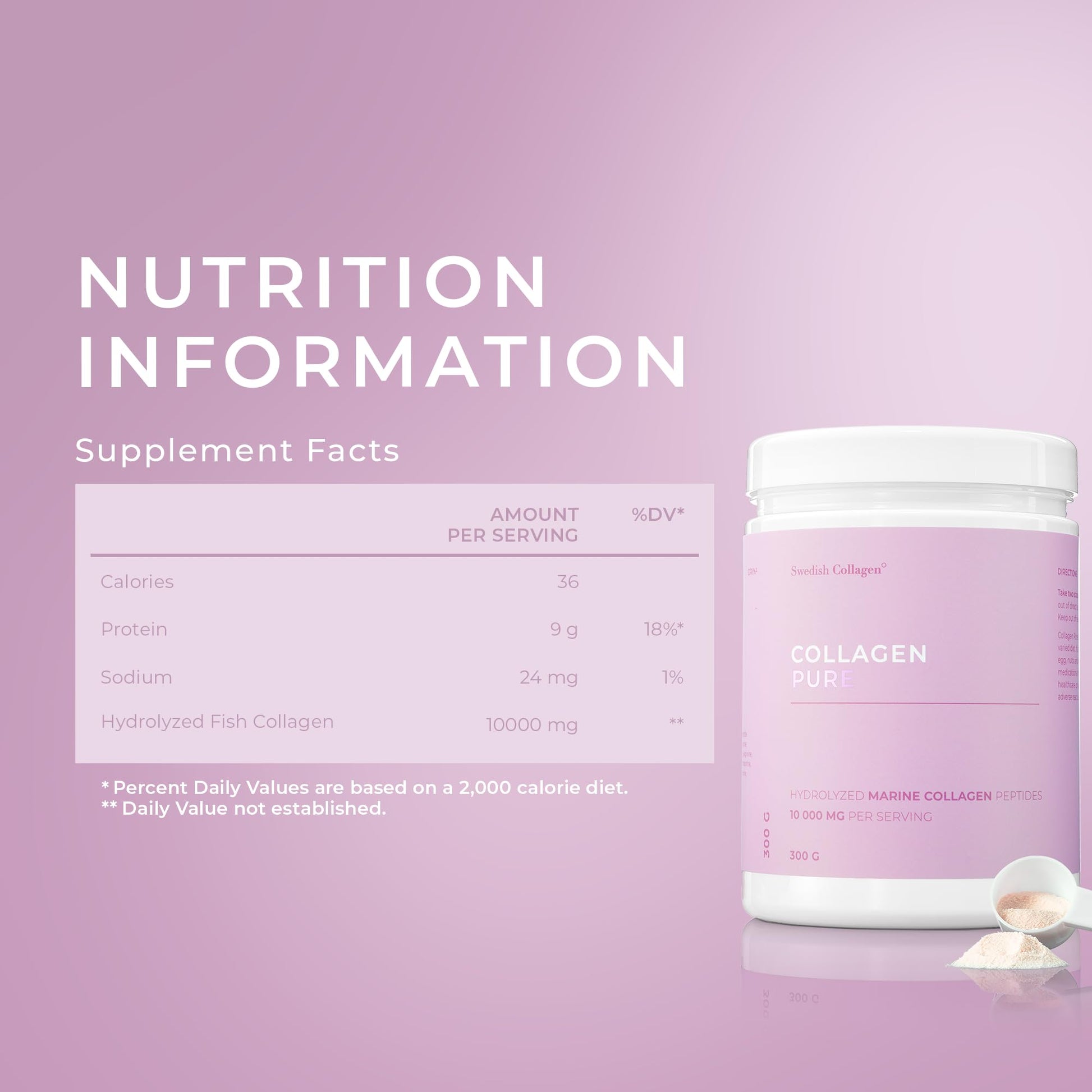 Swedish Collagen - Hydrolyzed Marine Collagen 10,000 mg Powder Supplement - Pack of 300 g, 30 Day Supply | Pure Peptide for Healthy Hair, Skin, Nails & Joints I 100% Natural & Gluten Free | Sugar-Free - dailyvitalstore