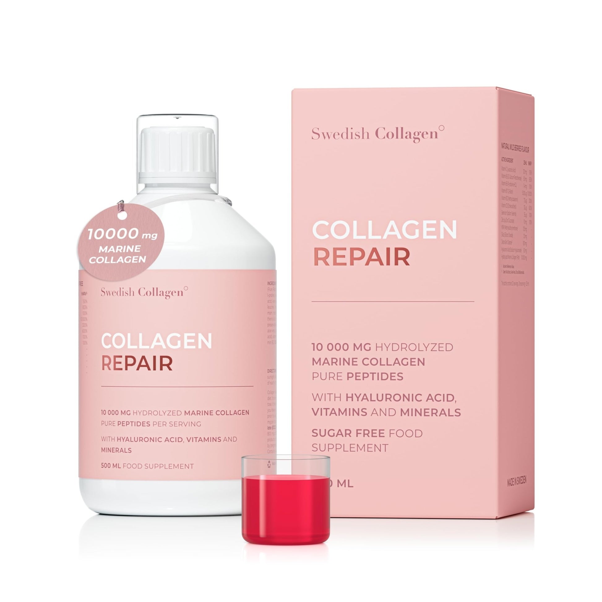 Swedish Collagen Repair | 10,000 mg Hydrolyzed Marine Collagen Liquid Supplement - 500 ml, 20 Day Supply I Hyaluronic Acid, Biotin & Vitamin C for Healthy Hair, Skin, Nails & Joints | Sugar-Free - dailyvitalstore
