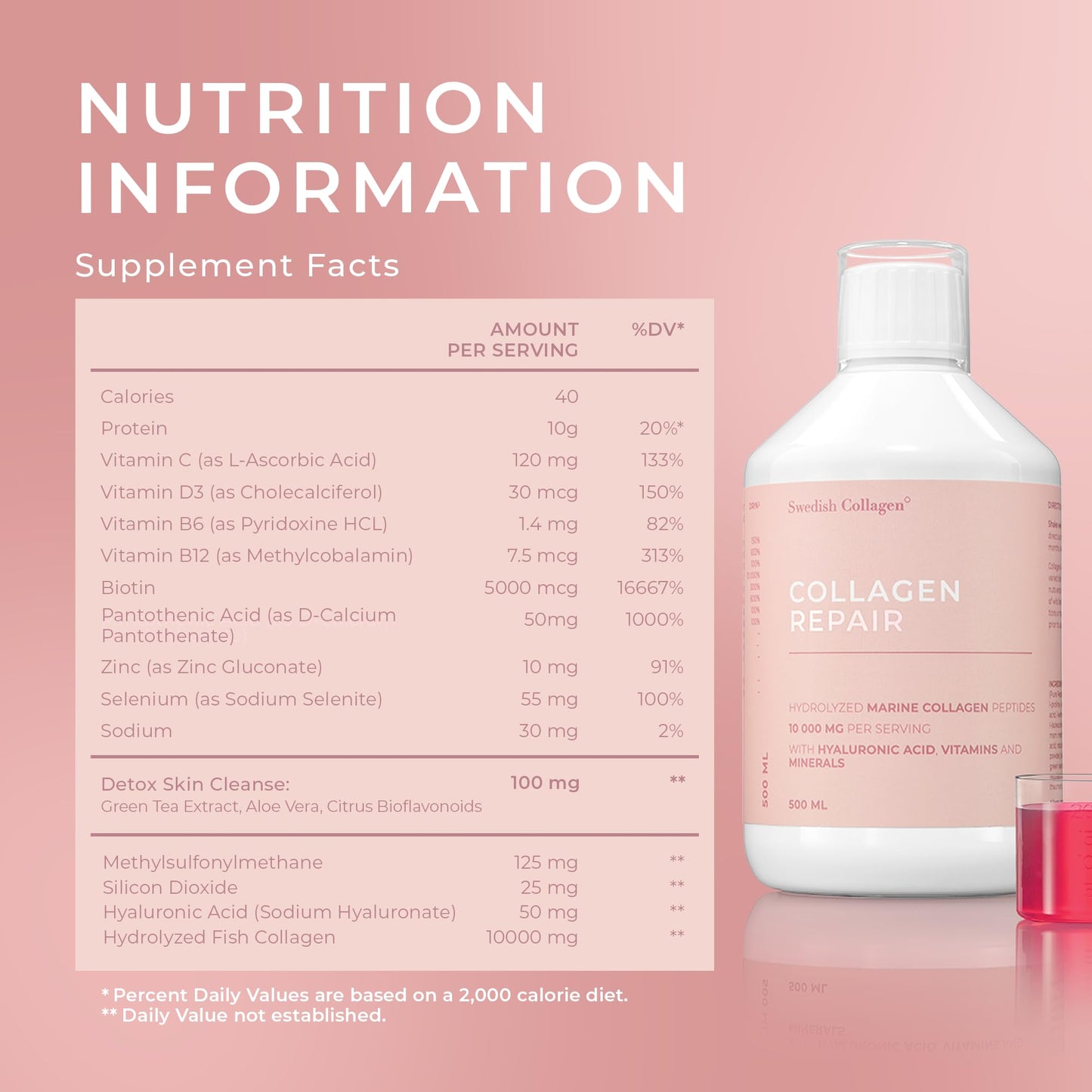 Swedish Collagen Repair | 10,000 mg Hydrolyzed Marine Collagen Liquid Supplement - 500 ml, 20 Day Supply I Hyaluronic Acid, Biotin & Vitamin C for Healthy Hair, Skin, Nails & Joints | Sugar-Free - dailyvitalstore