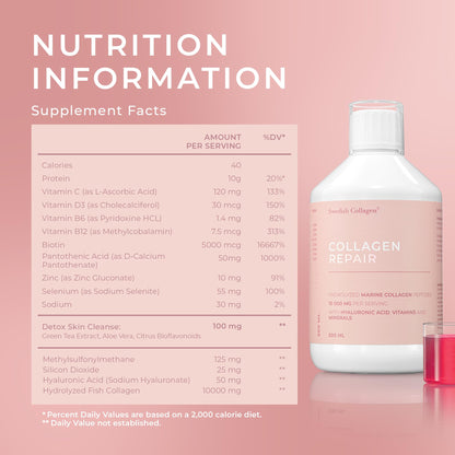 Swedish Collagen Repair | 10,000 mg Hydrolyzed Marine Collagen Liquid Supplement - 500 ml, 20 Day Supply I Hyaluronic Acid, Biotin & Vitamin C for Healthy Hair, Skin, Nails & Joints | Sugar-Free - dailyvitalstore
