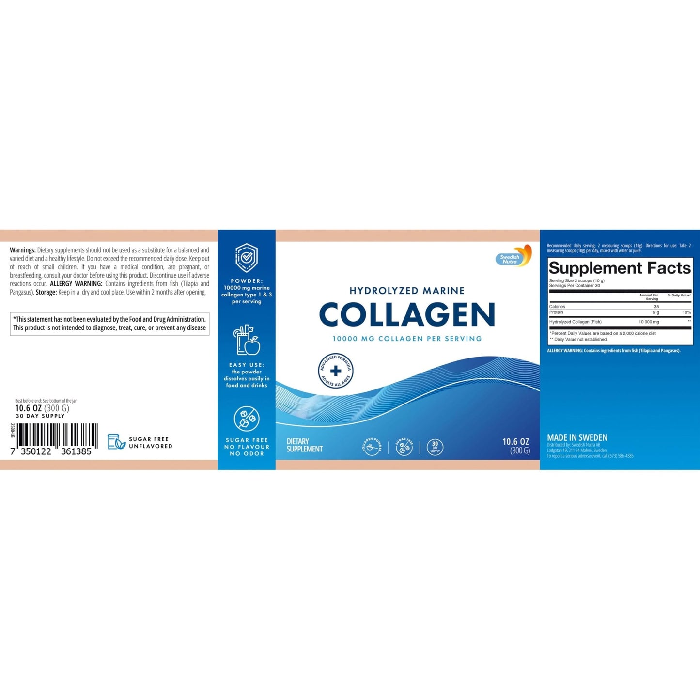 Swedish Nutra 10,000 mg Hydrolysed Marine Collagen Powder Supplement - 30 Day Supply| Type 1 & 3 Collagen, Pure Peptides for Healthy Hair, Skin, Nails, Joints I Unflavored | 100% Natural | Sugar-Free - dailyvitalstore