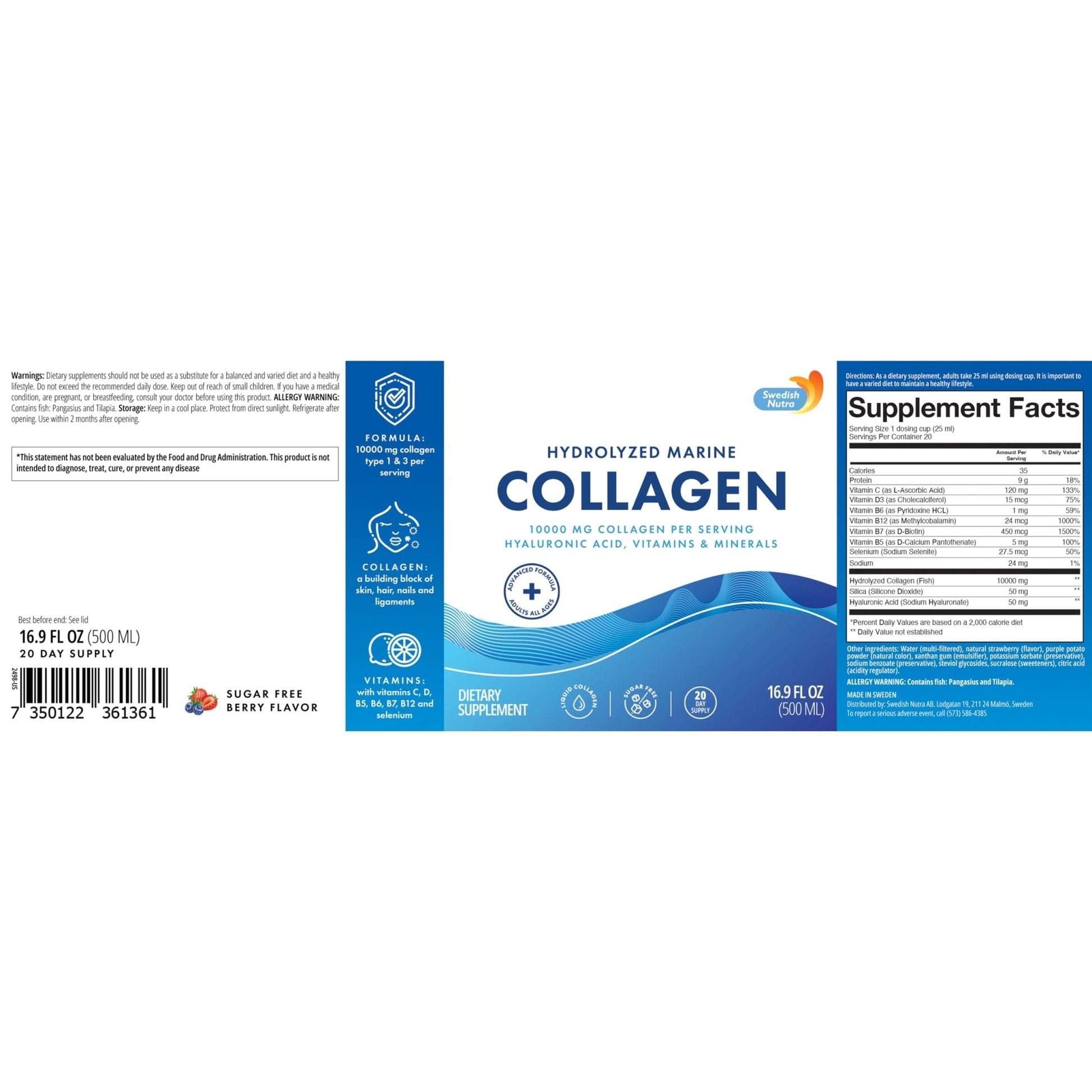 Swedish Nutra 10,000 mg Hydrolyzed Marine Collagen Liquid Supplement - 500 ml, 20 Day Supply | Hyaluronic Acid, Biotin & Vitamin C for Healthy Hair, Skin, Nails & Joints | For Men & Women | Sugar-Free - dailyvitalstore