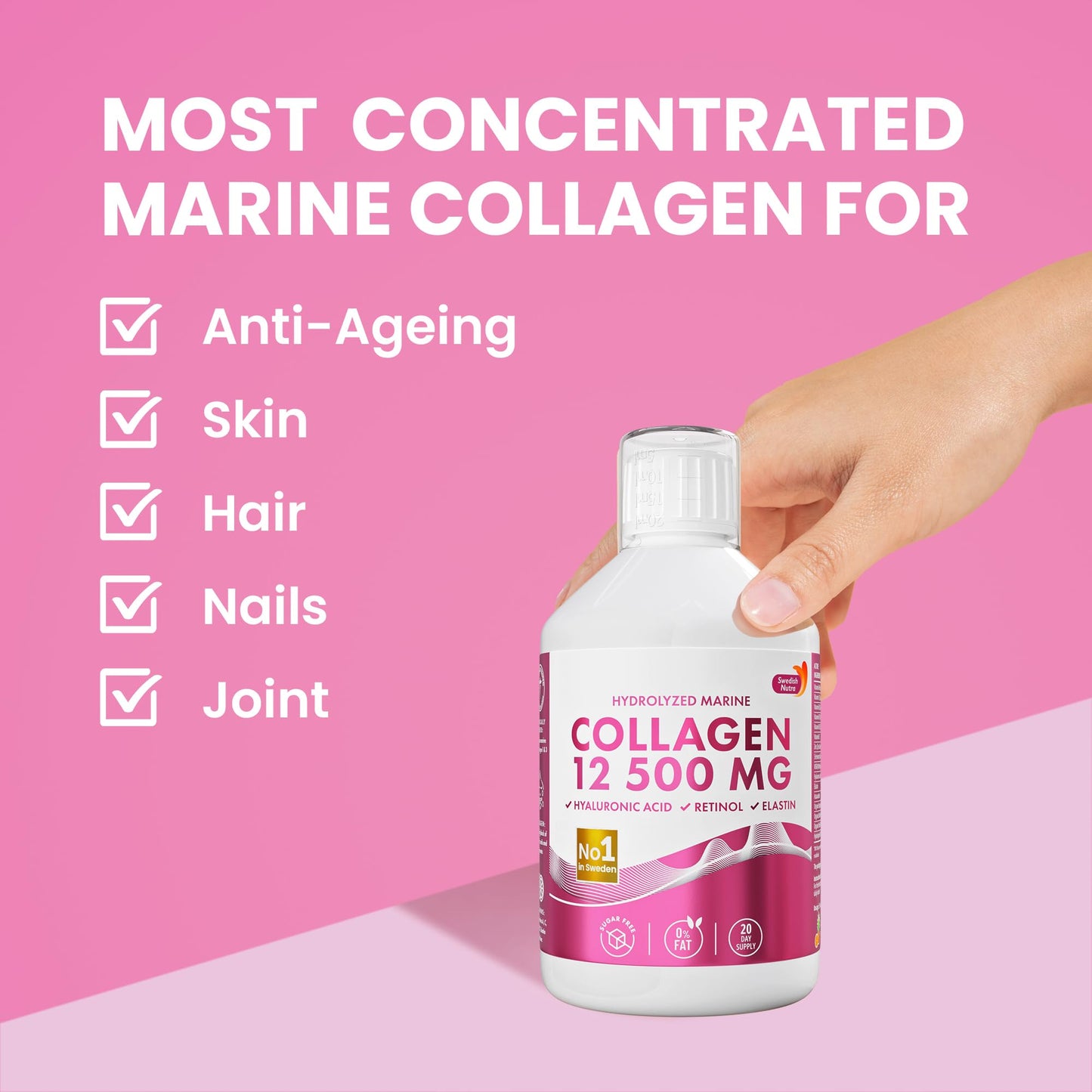 Swedish Nutra 12,500mg Liquid Marine Collagen Hydrolyzed Peptide (Type 1 & 3) | 20 Day Supply, 500 ml | Hyaluronic Acid, Biotin & Vitamins for Hair, Skin, Nails & Joints | For Men & Women | Sugar Free - dailyvitalstore