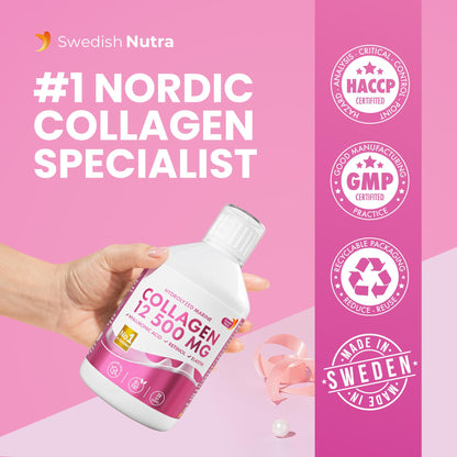 Swedish Nutra 12,500mg Liquid Marine Collagen Hydrolyzed Peptide (Type 1 & 3) | 20 Day Supply, 500 ml | Hyaluronic Acid, Biotin & Vitamins for Hair, Skin, Nails & Joints | For Men & Women | Sugar Free - dailyvitalstore
