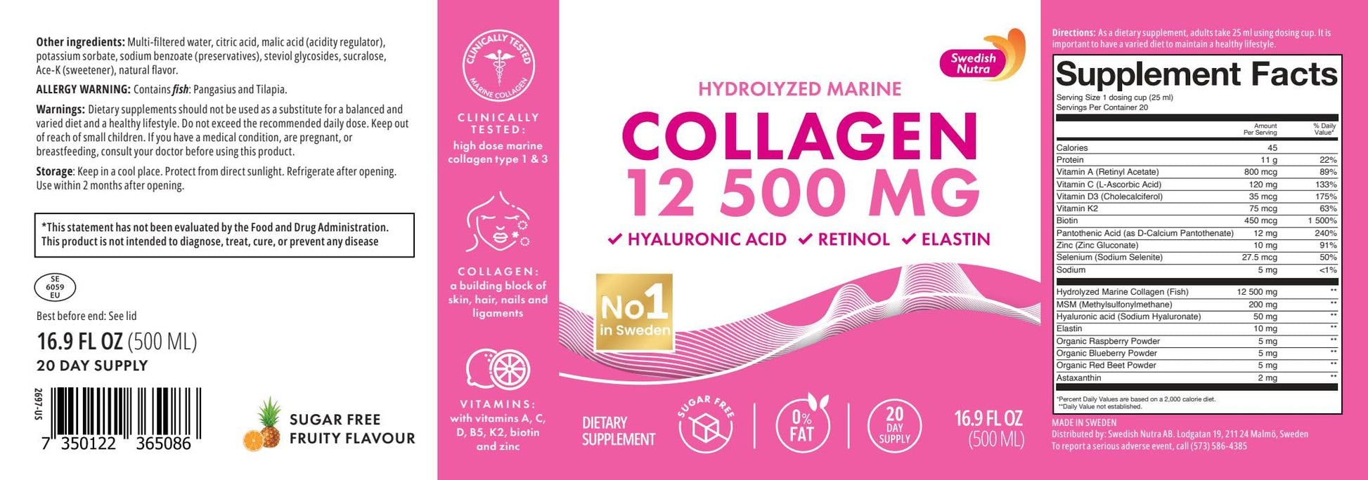 Swedish Nutra 12,500mg Liquid Marine Collagen Hydrolyzed Peptide (Type 1 & 3) | 20 Day Supply, 500 ml | Hyaluronic Acid, Biotin & Vitamins for Hair, Skin, Nails & Joints | For Men & Women | Sugar Free - dailyvitalstore