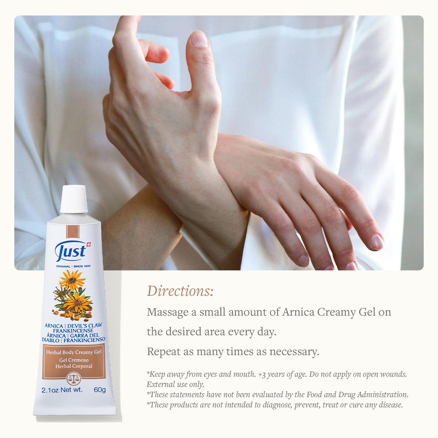 Swiss Just Arnica Gel, Arnica Creamy Gel 60g. Arnica Cream w/Devils Claw & Frankincense Oil. A Gentle Massage Cream on Wrists, Fingers, Knees, Ankles, Joints, Waist, Neck, and Back. - dailyvitalstore