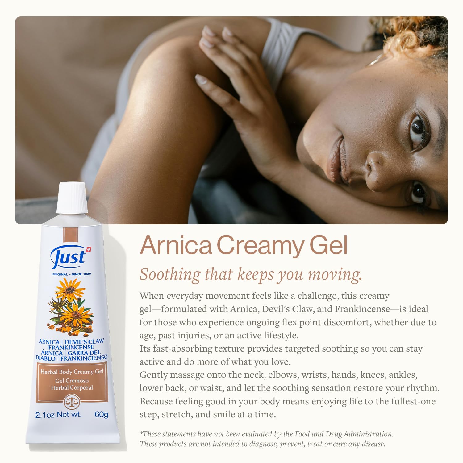 Swiss Just Arnica Gel, Arnica Creamy Gel 60g. Arnica Cream w/Devils Claw & Frankincense Oil. A Gentle Massage Cream on Wrists, Fingers, Knees, Ankles, Joints, Waist, Neck, and Back. - dailyvitalstore