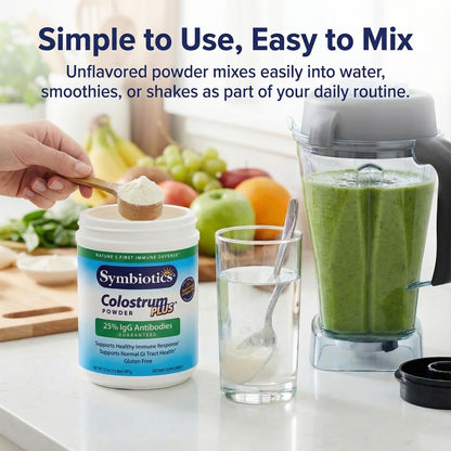 Symbiotics Colostrum Plus Powder 2.25 oz – Immune & Muscle Recovery Support, 25% IgG Immunoglobulins, Gut Health & Training Resilience, Unflavored, Gluten Free - 2.25 oz - dailyvitalstore