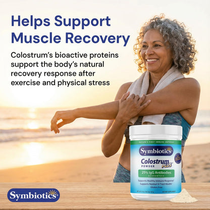 Symbiotics Colostrum Plus Powder 2.25 oz – Immune & Muscle Recovery Support, 25% IgG Immunoglobulins, Gut Health & Training Resilience, Unflavored, Gluten Free - 2.25 oz - dailyvitalstore