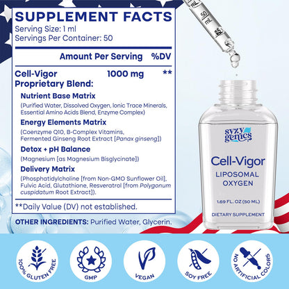 SYZY GENICS Liquid Oxygen Drops – 13-in-1 Oxygen Boost Liposomal Formula with CoQ10, B Vitamins, Ginseng, Glutathione & Resveratrol – High Absorption Energy & Immune Support – 1.69 fl oz - dailyvitalstore
