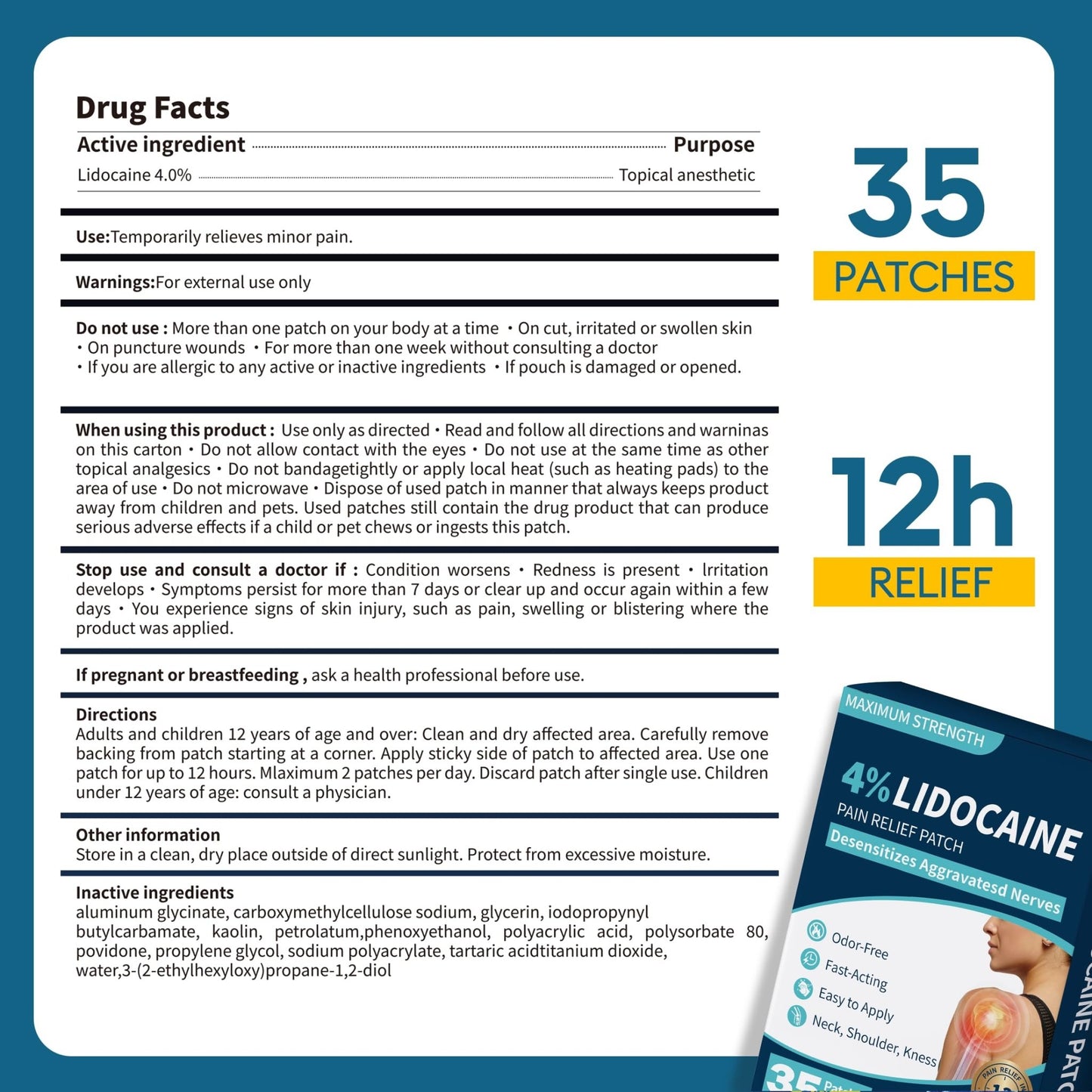 SZLGANG 4% Lidocaine Pain Relief Patches - (Large, 35, Count) Maximum Strength Relief for Back, Neck, Shoulder, Joint & Muscle Pain, 3.9”x 5.5”-03277 - dailyvitalstore