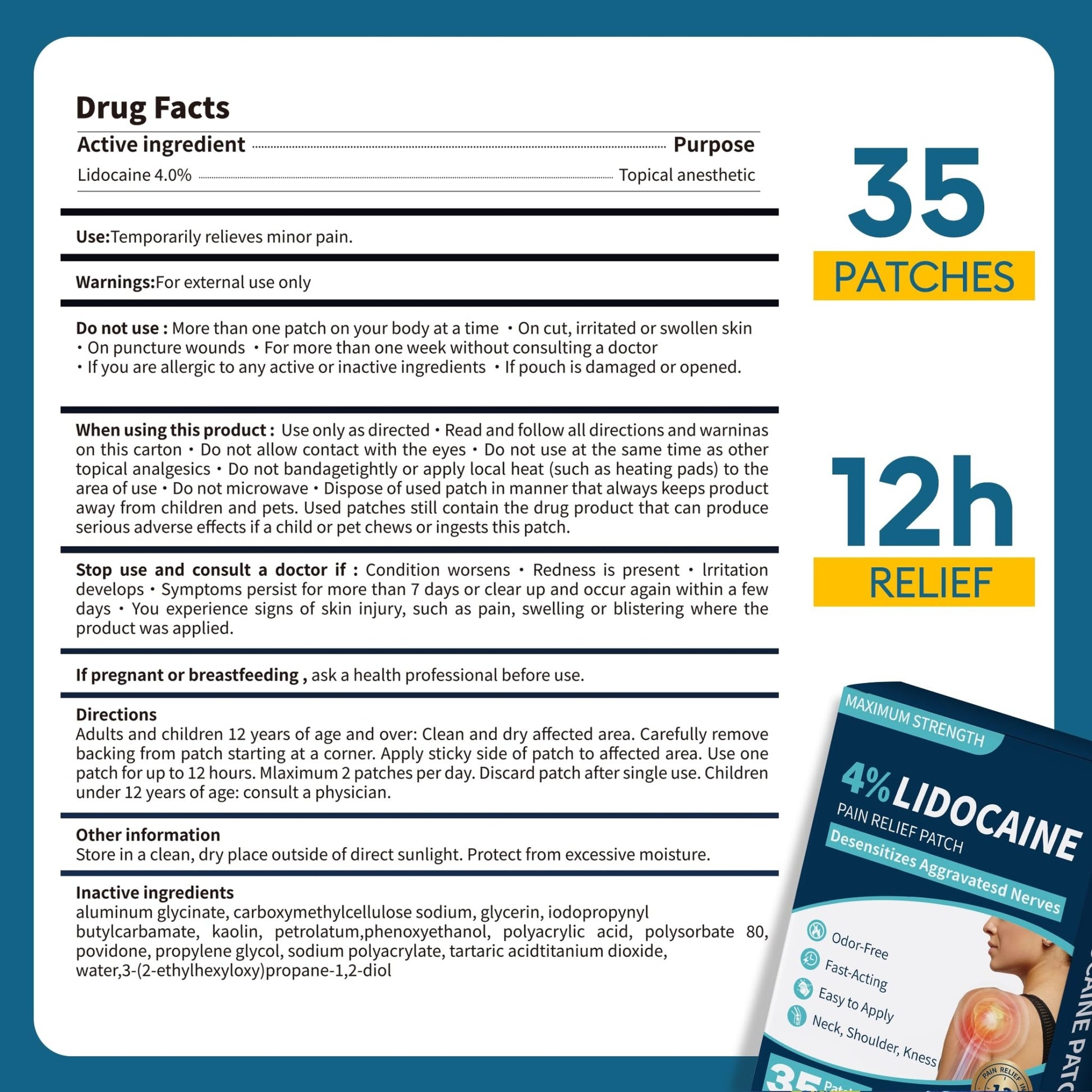 SZLGANG 4% Lidocaine Pain Relief Patches - (Large, 35, Count) Maximum Strength Relief for Back, Neck, Shoulder, Joint & Muscle Pain, 3.9”x 5.5”-03277 - dailyvitalstore