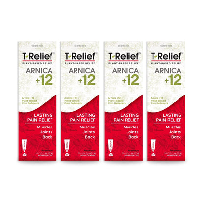 T-Relief Arnica +12 Cream Natural Relieving Actives for Back Pain Joint Soreness Muscle Aches & Stiffness, Whole Body Fast Acting Relief for Women & Men - 4 oz (4 Pack) - dailyvitalstore