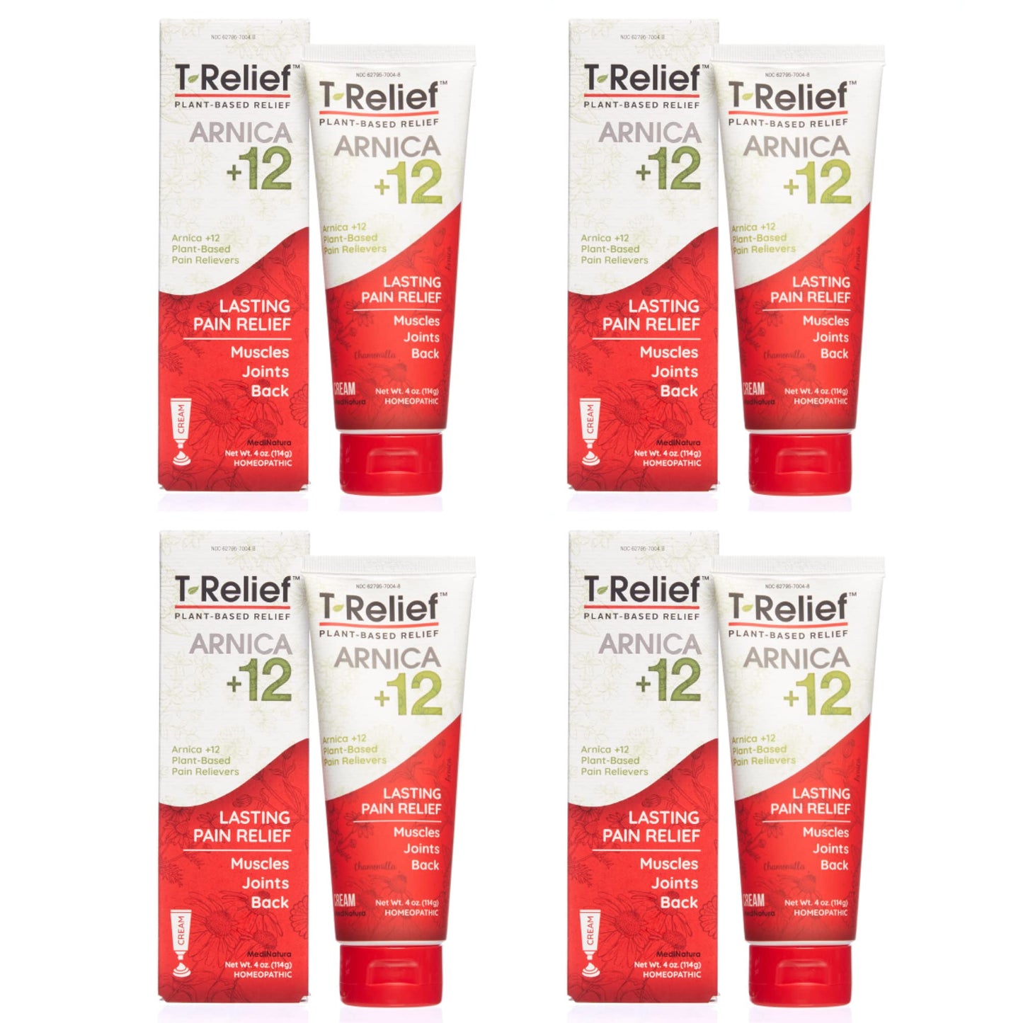 T-Relief Arnica +12 Cream Natural Relieving Actives for Back Pain Joint Soreness Muscle Aches & Stiffness, Whole Body Fast Acting Relief for Women & Men - 4 oz (4 Pack) - dailyvitalstore