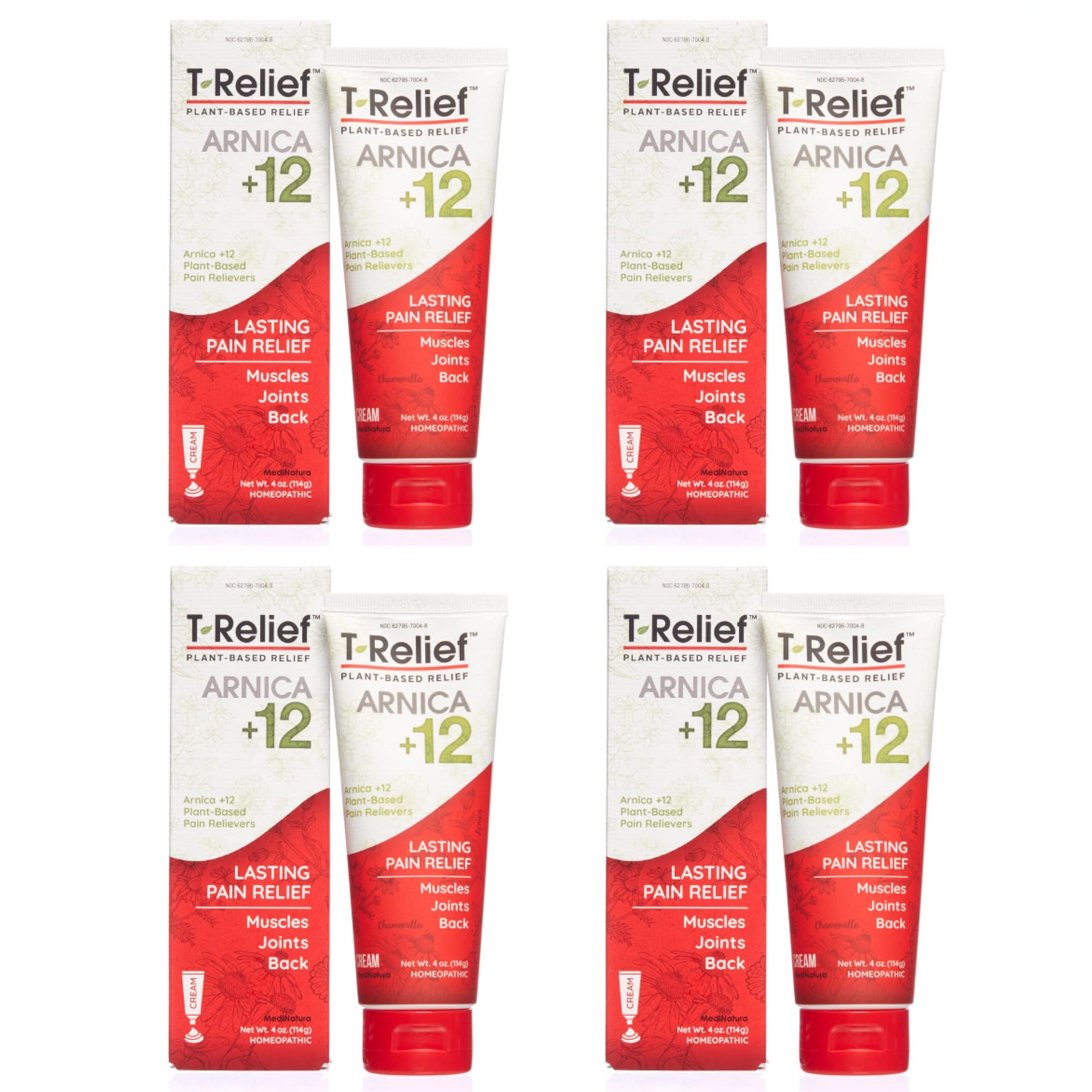 T-Relief Arnica +12 Cream Natural Relieving Actives for Back Pain Joint Soreness Muscle Aches & Stiffness, Whole Body Fast Acting Relief for Women & Men - 4 oz (4 Pack) - dailyvitalstore