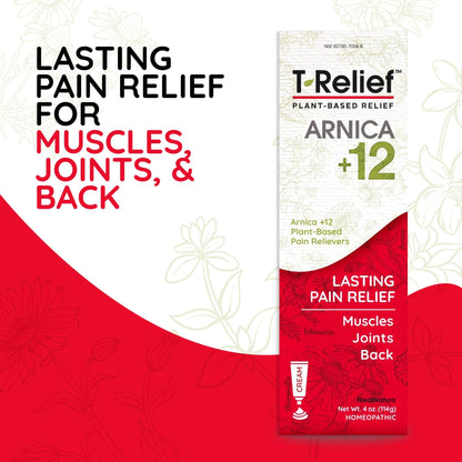 T-Relief Arnica +12 Cream Natural Relieving Actives for Back Pain Joint Soreness Muscle Aches & Stiffness, Whole Body Fast Acting Relief for Women & Men - 4 oz (4 Pack) - dailyvitalstore