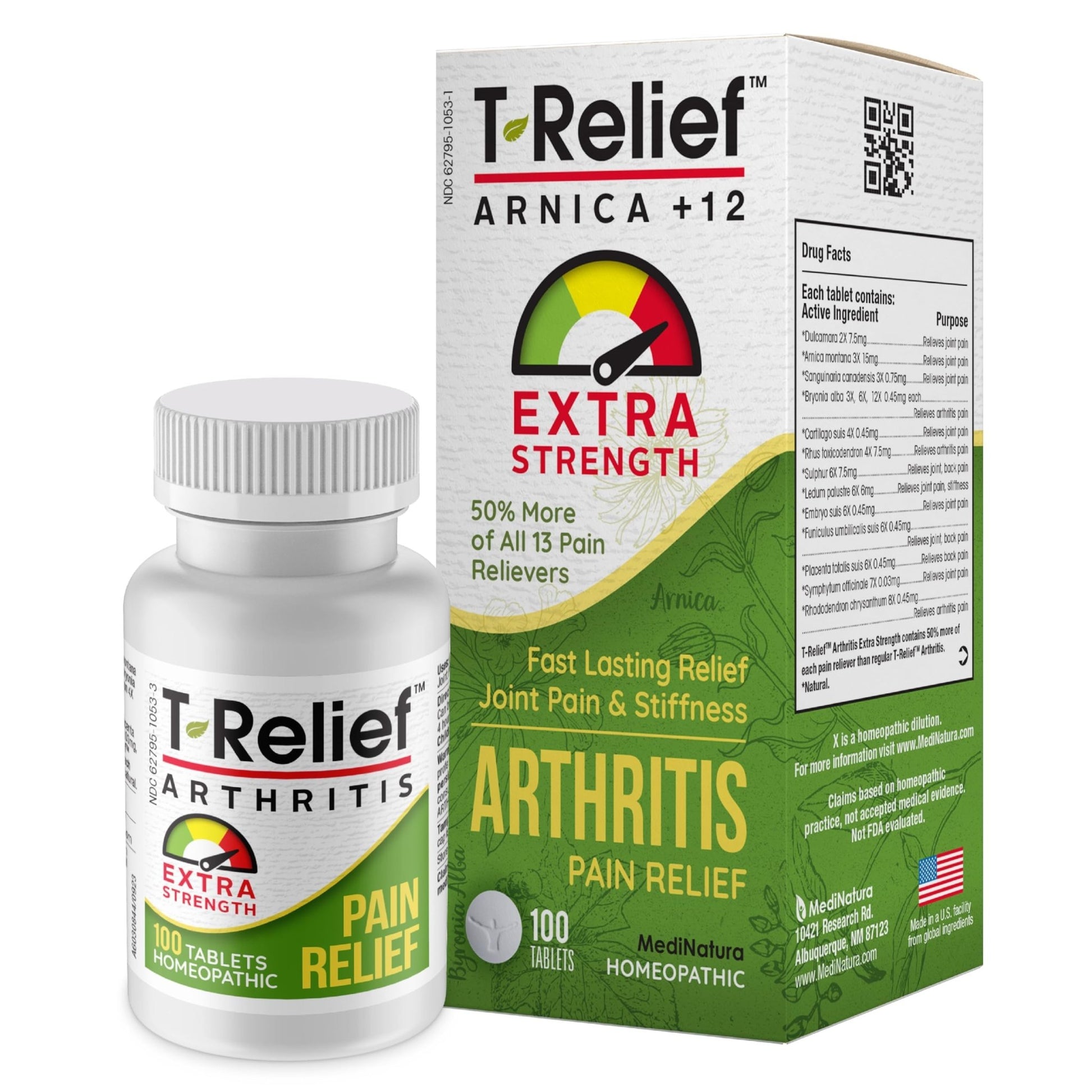 T-Relief Extra Strength Arthritis Pain Reliever Arnica +12 Natural Medicines for Joint Soreness Stiffness Aches, Quick Dissolving Pain Relief for Women & Men - 100 Tablets - dailyvitalstore