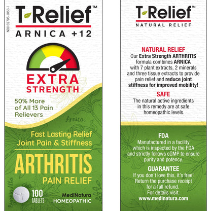 T-Relief Extra Strength Arthritis Pain Reliever Arnica +12 Natural Medicines for Joint Soreness Stiffness Aches, Quick Dissolving Pain Relief for Women & Men - 100 Tablets - dailyvitalstore