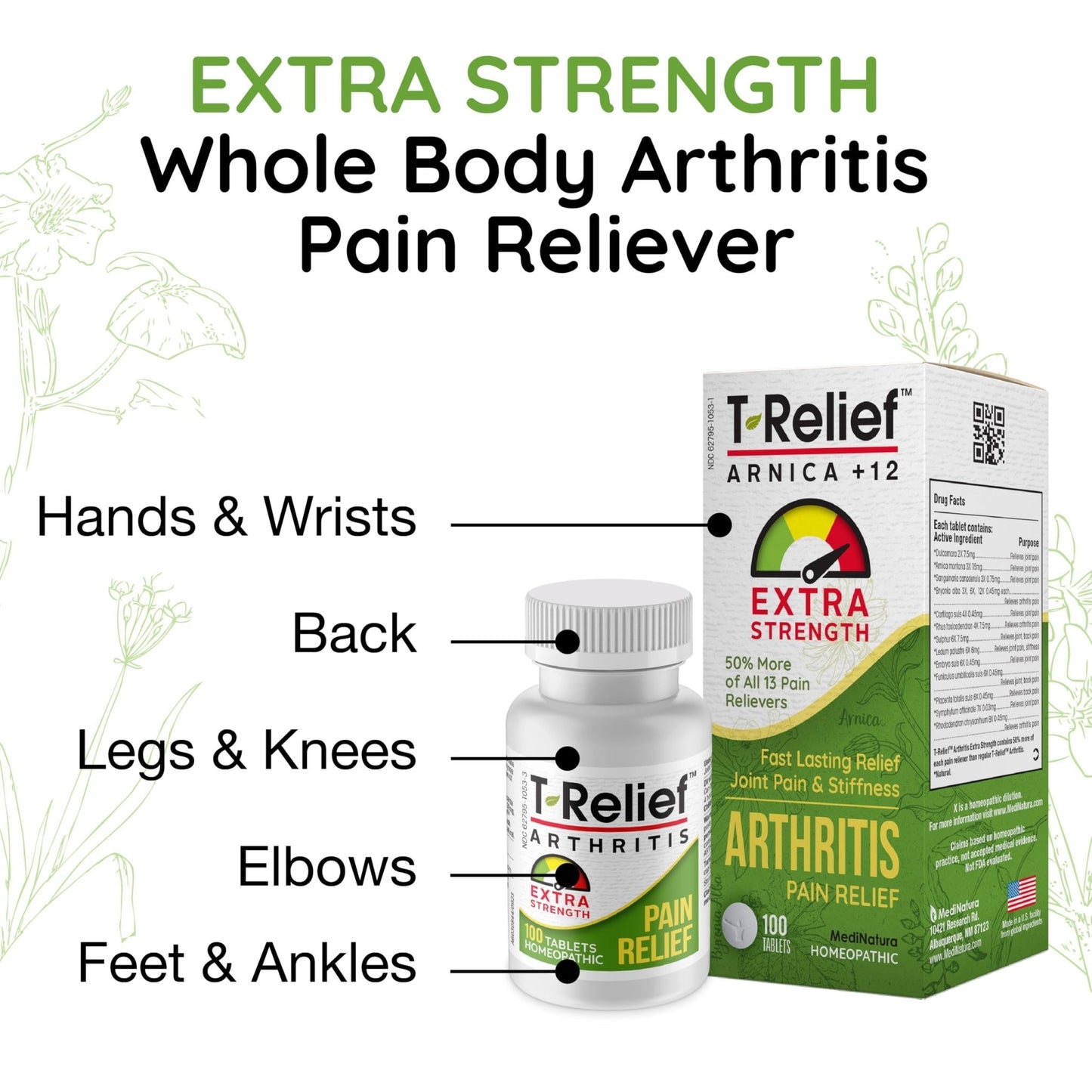 T-Relief Extra Strength Arthritis Pain Reliever Arnica +12 Natural Medicines for Joint Soreness Stiffness Aches, Quick Dissolving Pain Relief for Women & Men - 100 Tablets - dailyvitalstore