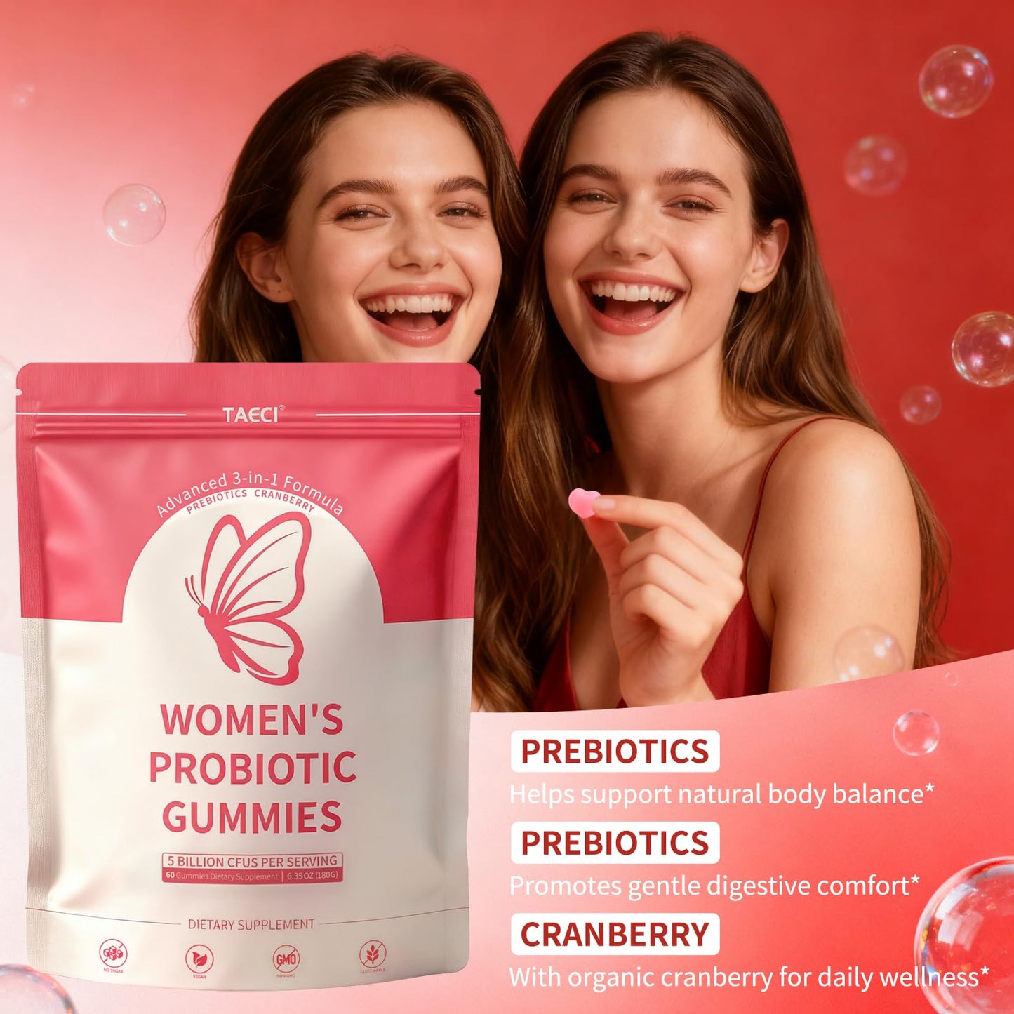 Taeci Vaginal Probiotic Gummies for Women – 5 Billion CFU with Prebiotic & Cranberry Extract – Supports pH Balance, Healthy Odor & Gut Health - dailyvitalstore