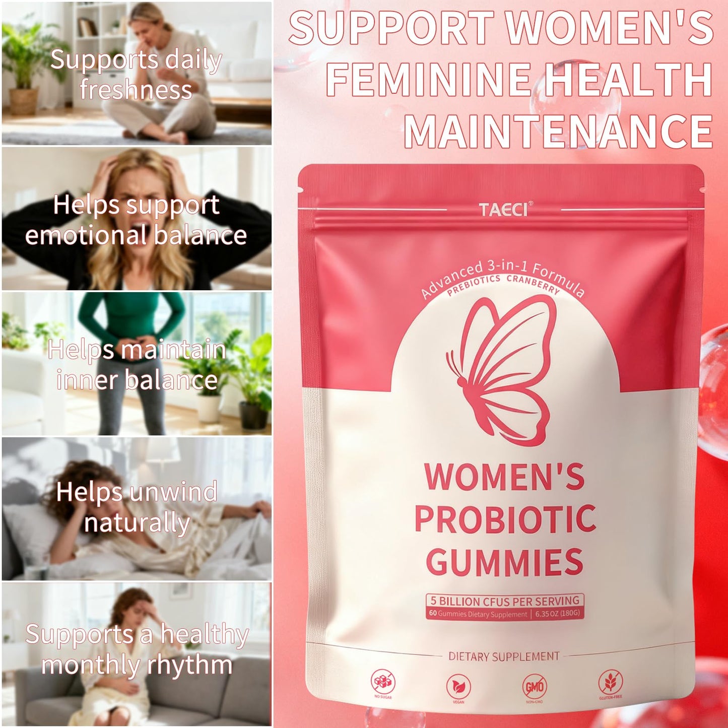 Taeci Vaginal Probiotic Gummies for Women – 5 Billion CFU with Prebiotic & Cranberry Extract – Supports pH Balance, Healthy Odor & Gut Health - dailyvitalstore