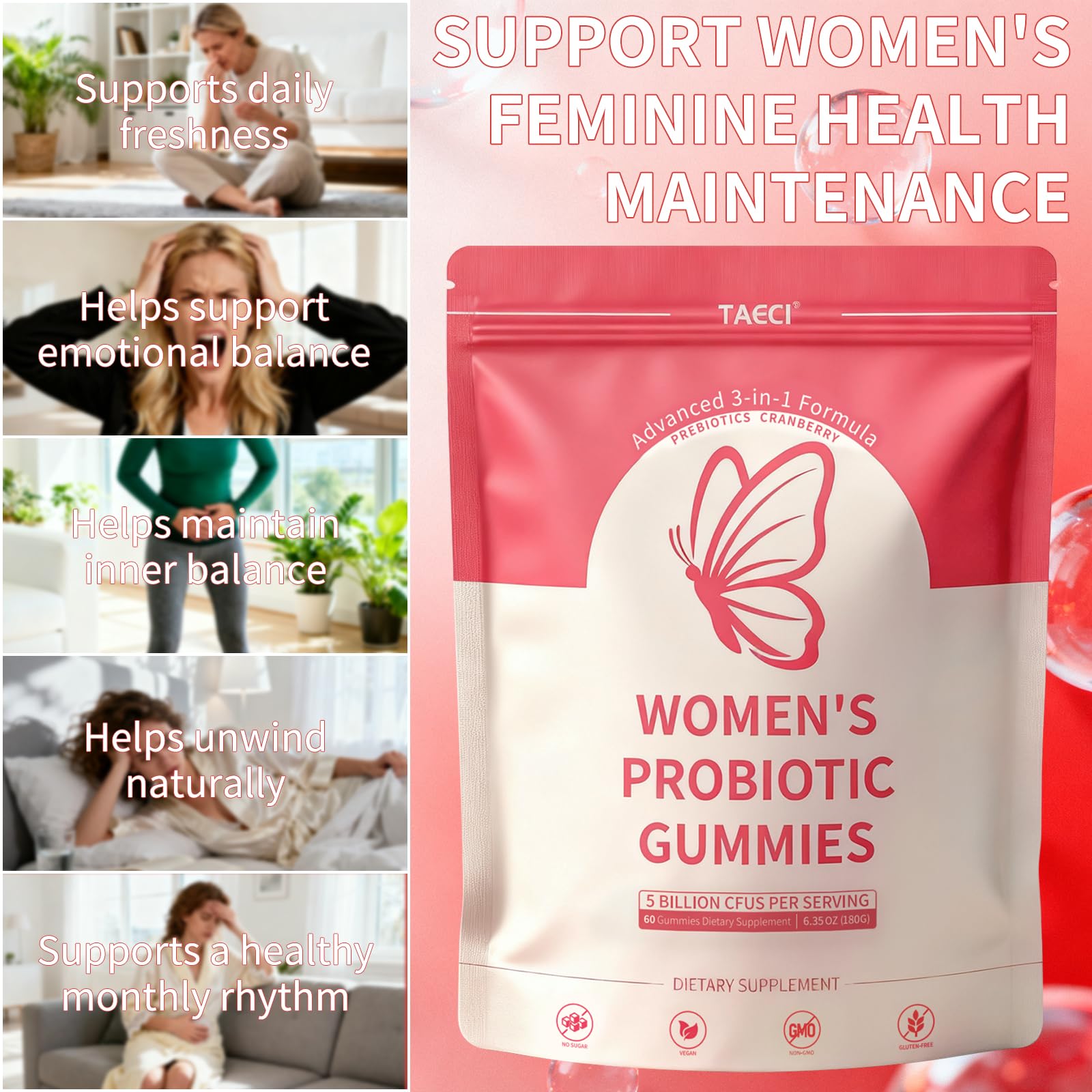 Taeci Vaginal Probiotic Gummies for Women – 5 Billion CFU with Prebiotic & Cranberry Extract – Supports pH Balance, Healthy Odor & Gut Health - dailyvitalstore