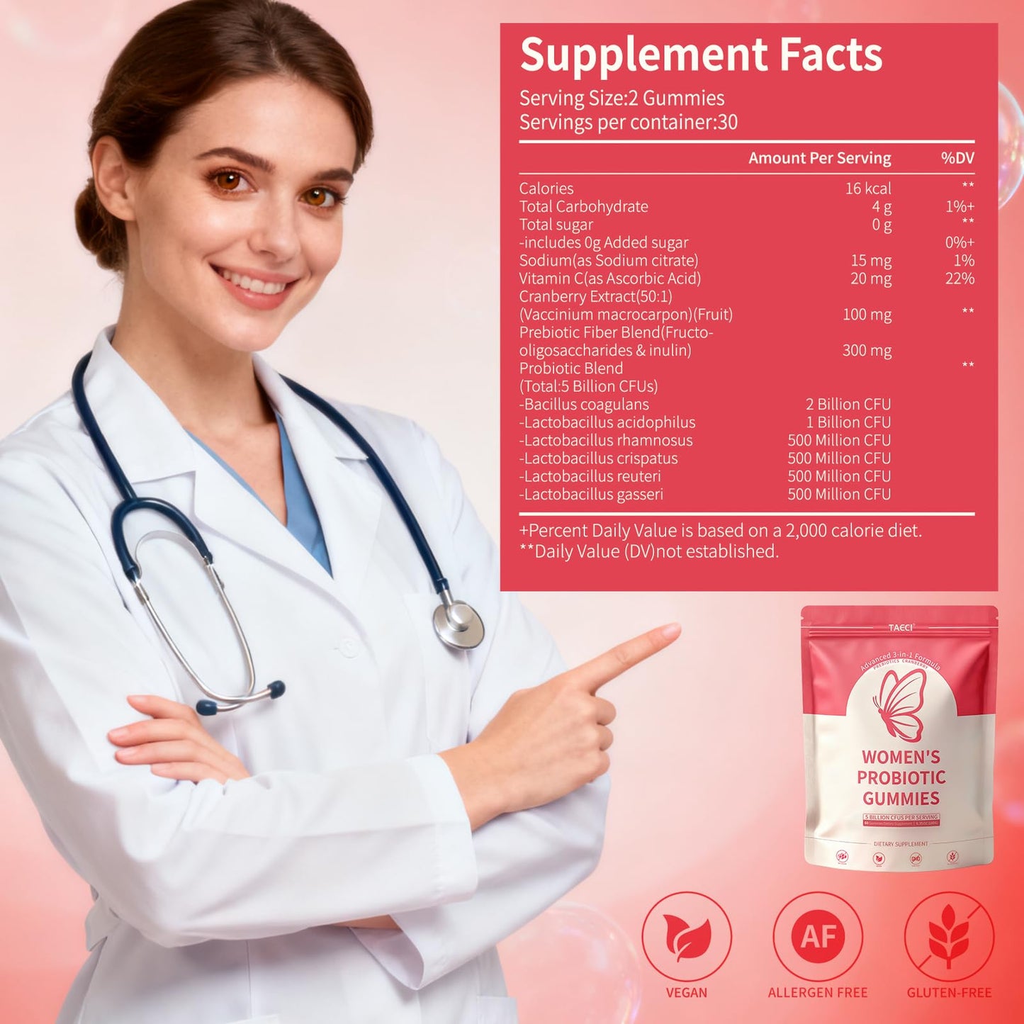 Taeci Vaginal Probiotic Gummies for Women – 5 Billion CFU with Prebiotic & Cranberry Extract – Supports pH Balance, Healthy Odor & Gut Health - dailyvitalstore