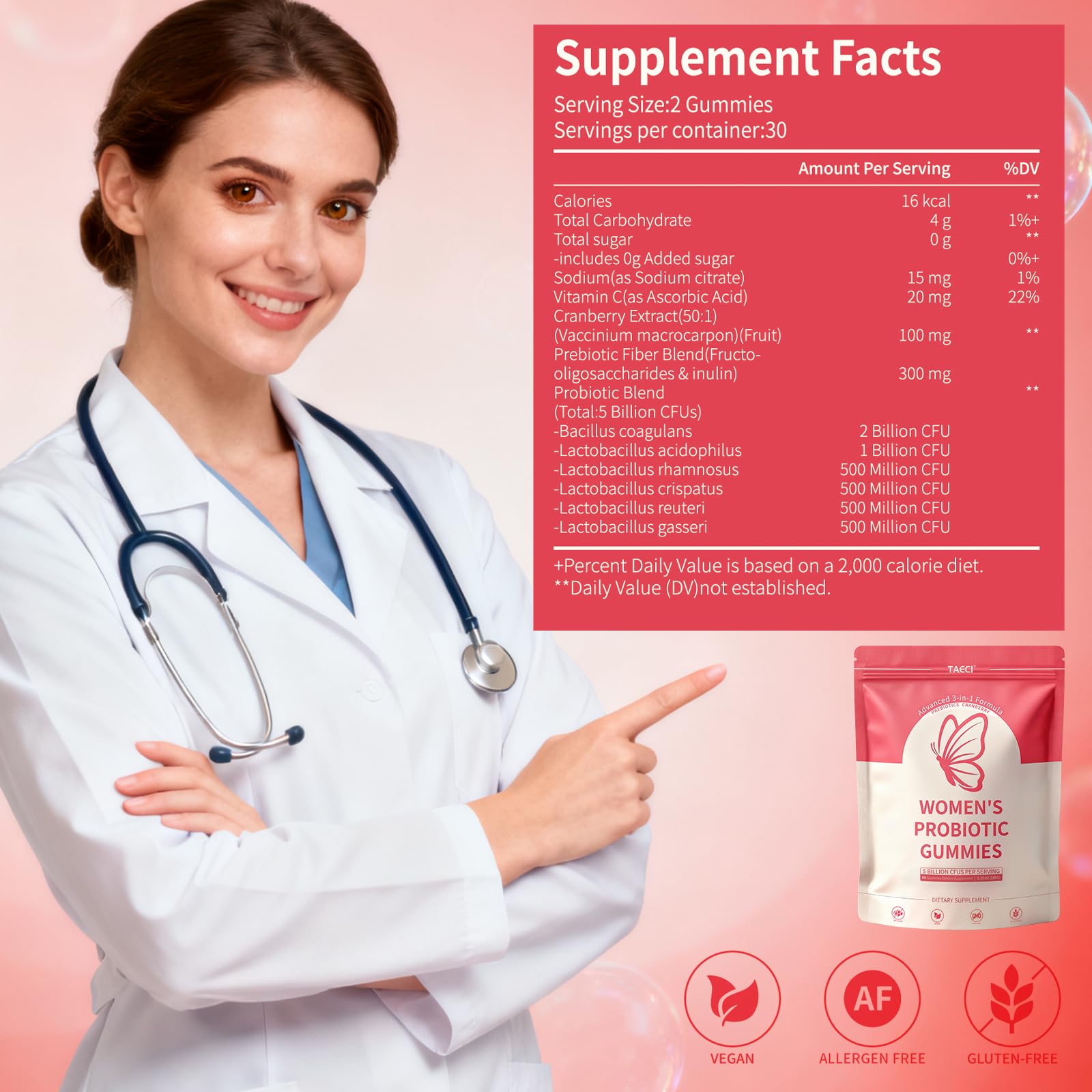 Taeci Vaginal Probiotic Gummies for Women – 5 Billion CFU with Prebiotic & Cranberry Extract – Supports pH Balance, Healthy Odor & Gut Health - dailyvitalstore