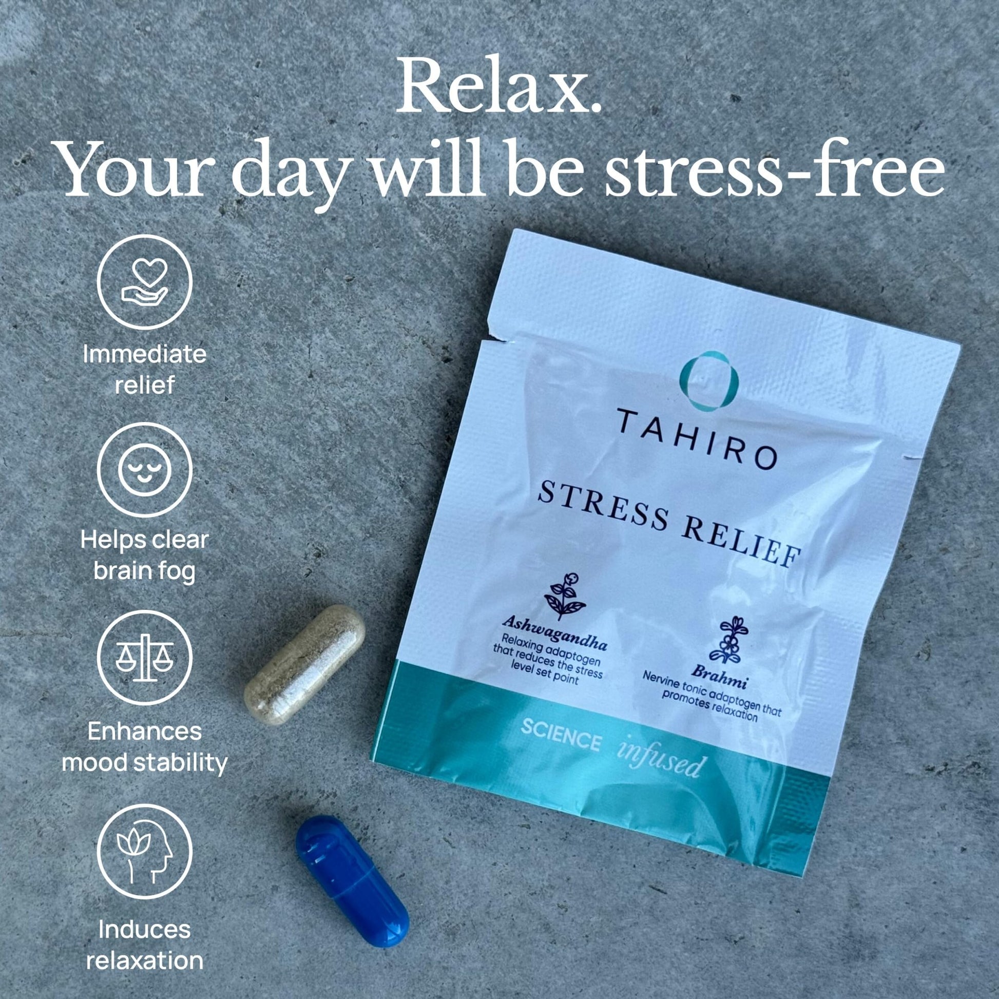 TAHIRO Stress-Relief Supplement – Natural Brain Support Supplement with Magnesium, Vitamin B, Ashwagandha, Brahmi – Non-GMO Vegan Brain Booster Supplement - dailyvitalstore