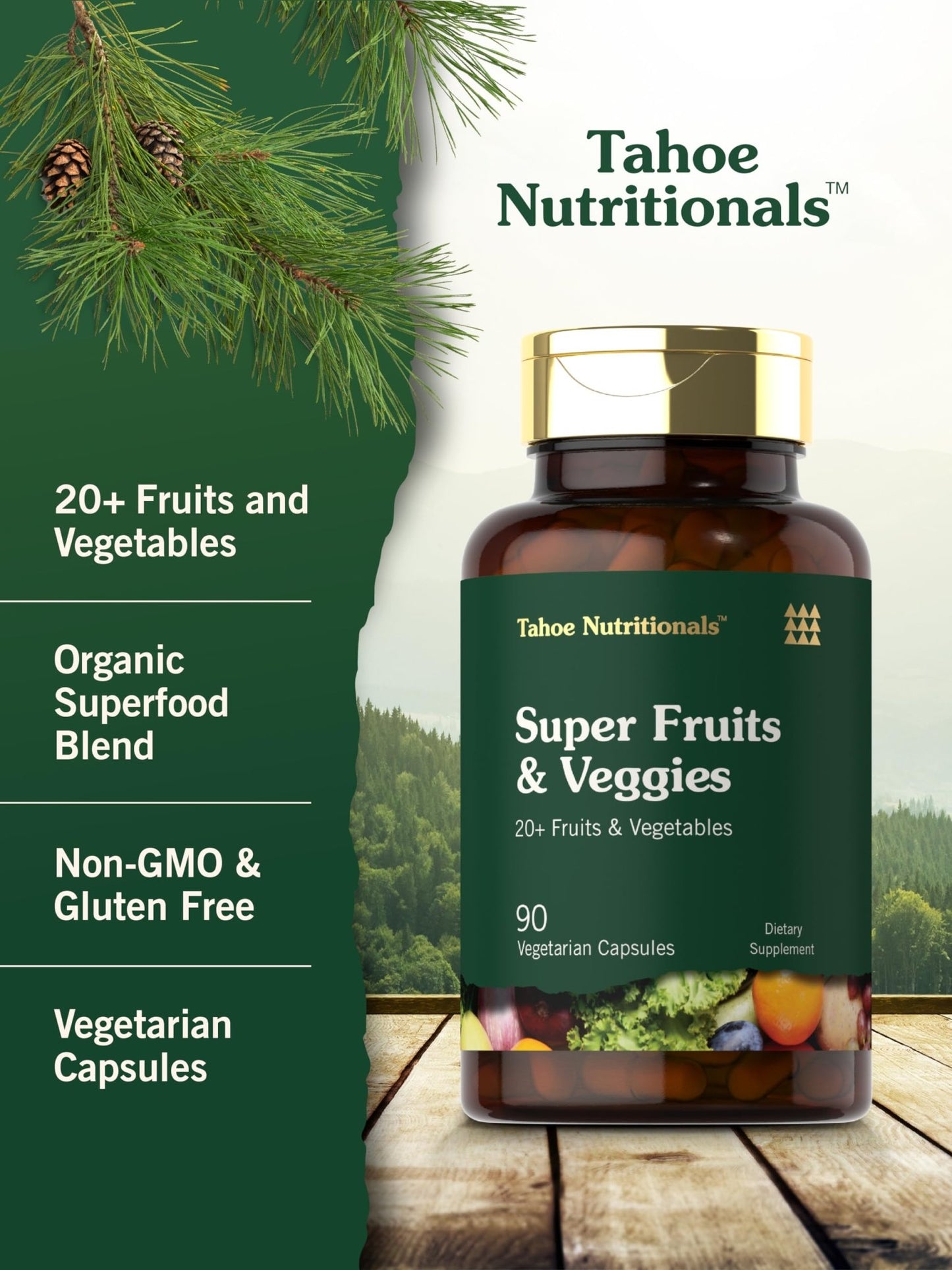Tahoe Nutritionals Super Fruits and Veggies Capsules | 90 Count | Vegetarian, Non-GMO and Gluten Free Supplement - dailyvitalstore