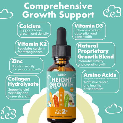 TallTrek Height Growth Supplement Drops for Kids - Teens Bone Growth Height Increase and Maximizer Immune Health Drops with Vitamins D3 K2 Zinc & Calcium - Gluten Free Vegan Pineapple Flavor - dailyvitalstore
