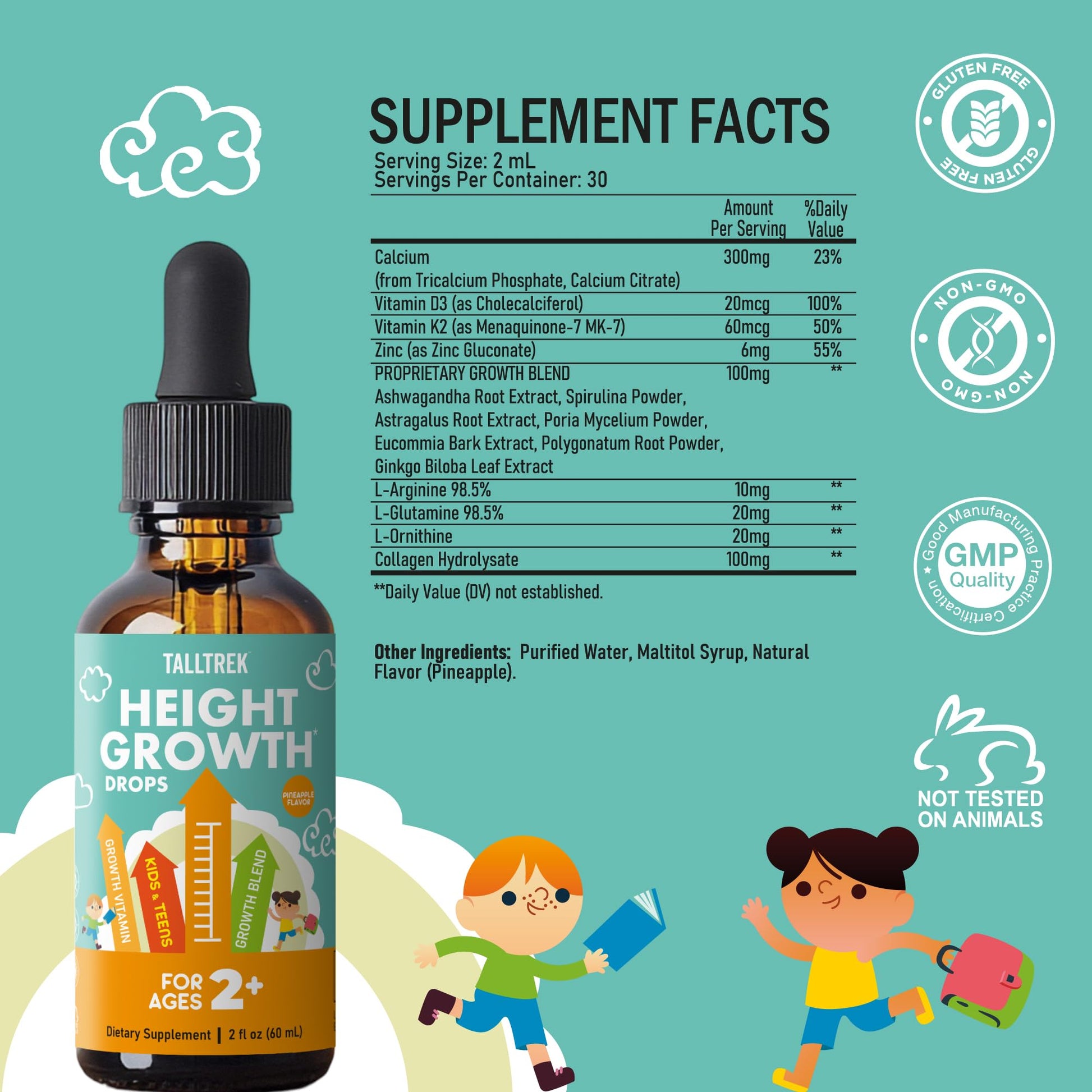 TallTrek Height Growth Supplement Drops for Kids - Teens Bone Growth Height Increase and Maximizer Immune Health Drops with Vitamins D3 K2 Zinc & Calcium - Gluten Free Vegan Pineapple Flavor - dailyvitalstore