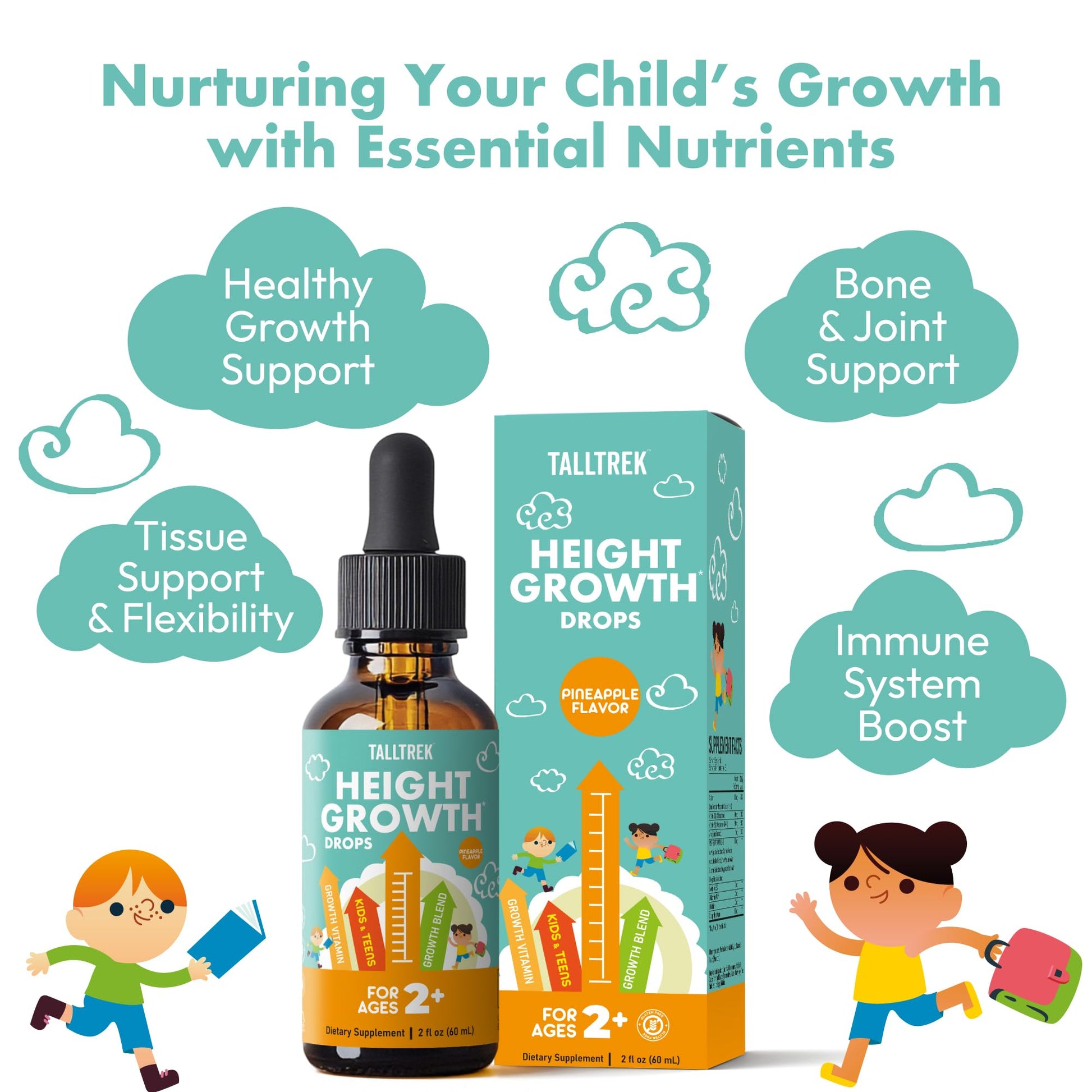 TallTrek Height Growth Supplement Drops for Kids - Teens Bone Growth Height Increase and Maximizer Immune Health Drops with Vitamins D3 K2 Zinc & Calcium - Gluten Free Vegan Pineapple Flavor - dailyvitalstore