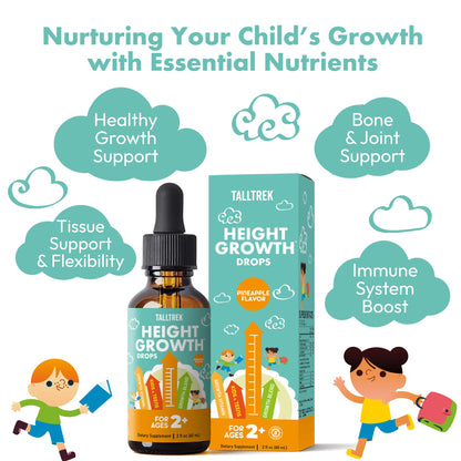 TallTrek Height Growth Supplement Drops for Kids - Teens Bone Growth Height Increase and Maximizer Immune Health Drops with Vitamins D3 K2 Zinc & Calcium - Gluten Free Vegan Pineapple Flavor - dailyvitalstore