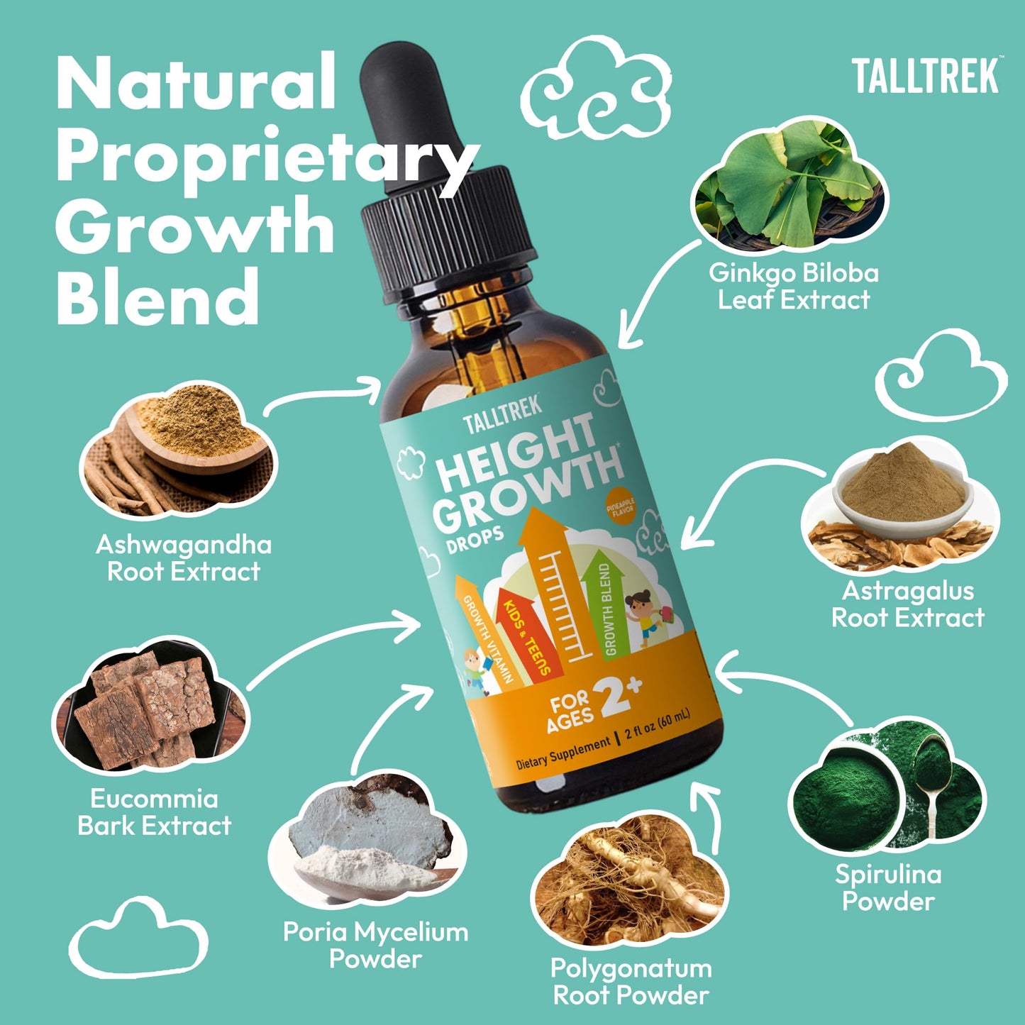TallTrek Height Growth Supplement Drops for Kids - Teens Bone Growth Height Increase and Maximizer Immune Health Drops with Vitamins D3 K2 Zinc & Calcium - Gluten Free Vegan Pineapple Flavor - dailyvitalstore