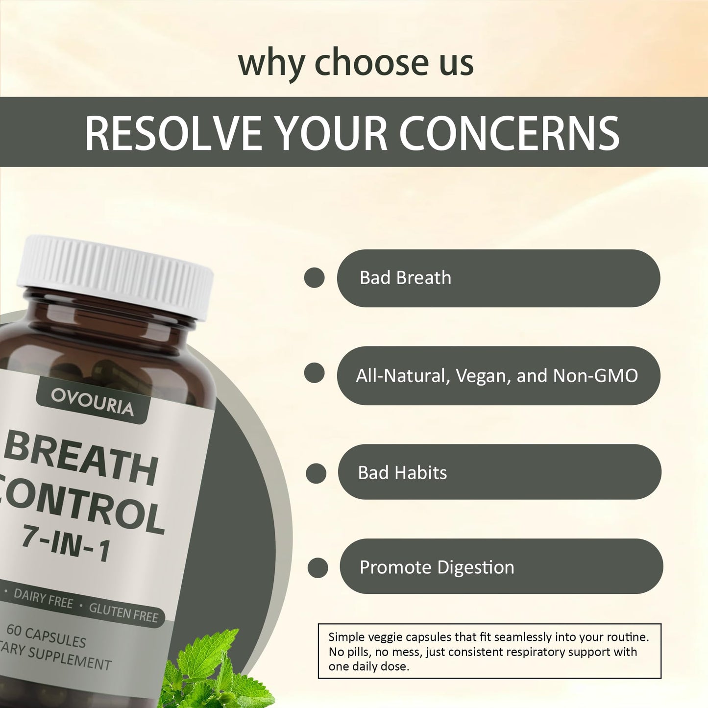 TANSPRESSO ovouria Breath & Gut Balance Capsules - 7-in-1 Formula with Probiotics, Zinc Gluconate & Magnesium Citrate for Fresh Breath, Chronic Halitosis Relief & Digestive Wellness, 60 Count(1pc) - dailyvitalstore