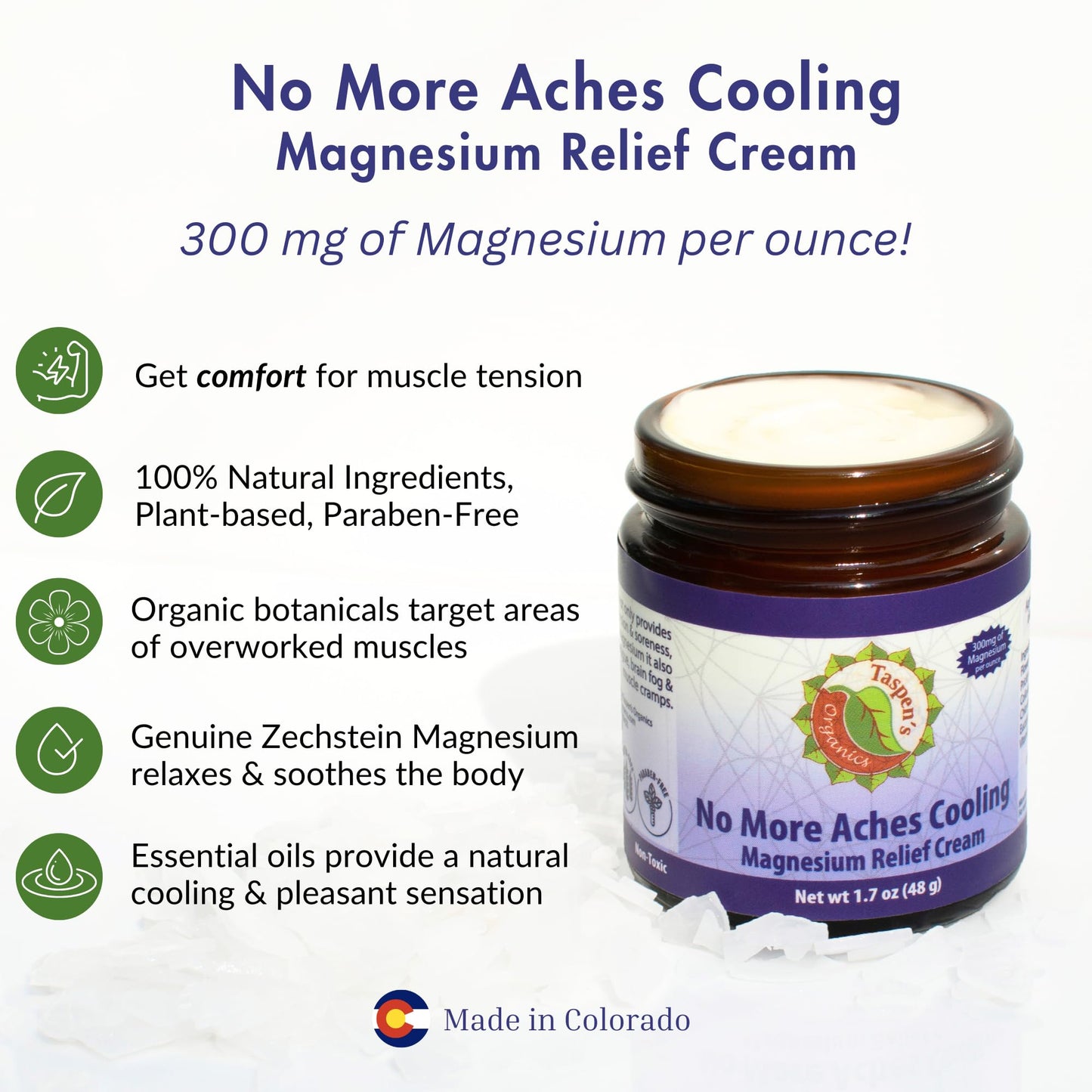 Taspen’s Organics Magnesium No More Aches Cooling Cream – Topical Magnesium Cream for Muscle Relief, Sore Muscles & Post-Workout Recovery with Arnica, Herbs & Essential Oils - dailyvitalstore