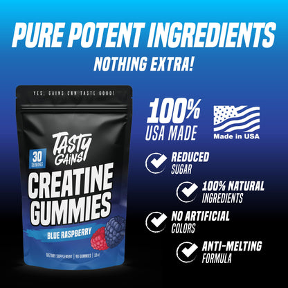 TASTY GAINS Creatine Gummies - 90g of Creatine Monohydrate - Workout Supplements - Build Muscle & Boost Strength for Men & Women - Made in USA - dailyvitalstore
