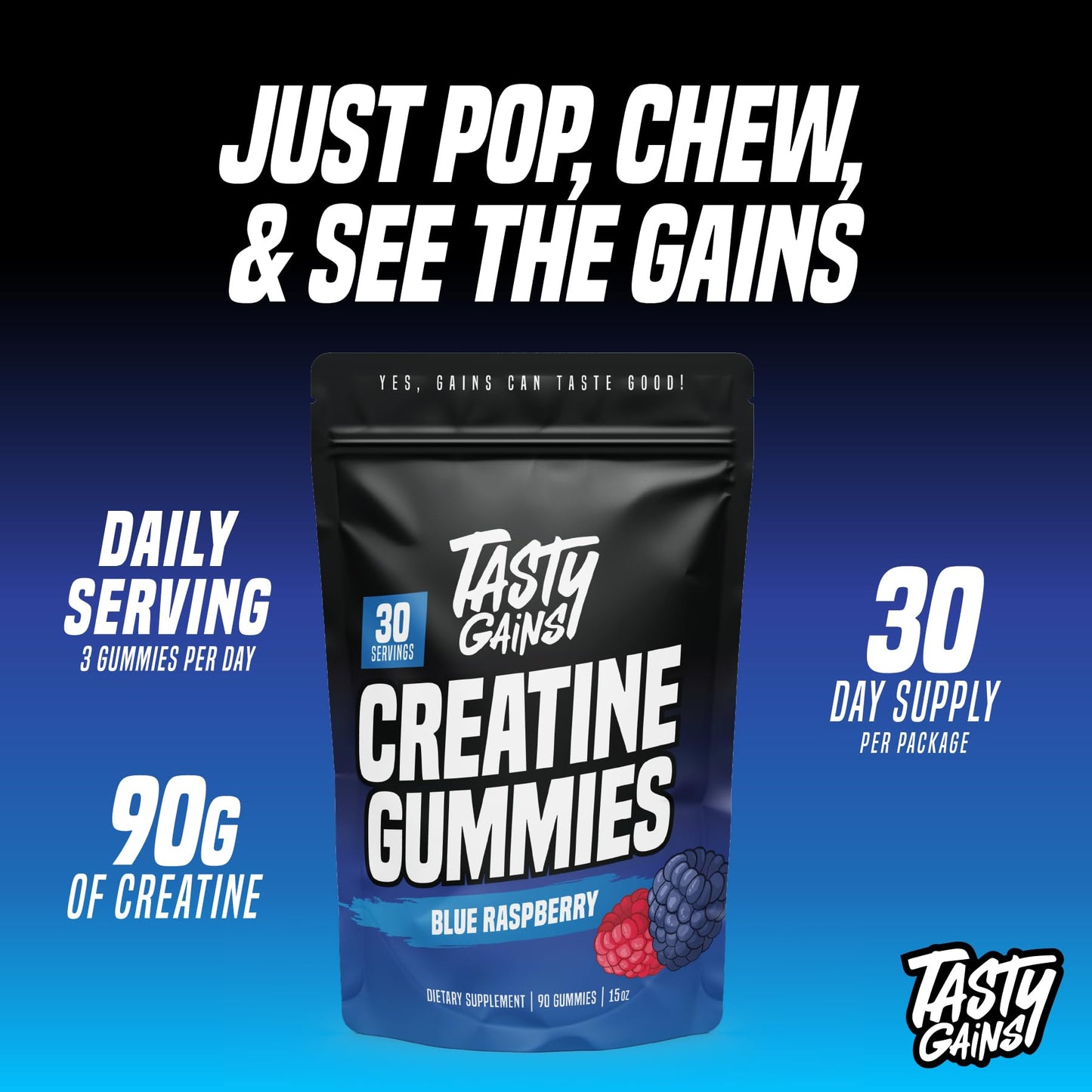 TASTY GAINS Creatine Gummies - 90g of Creatine Monohydrate - Workout Supplements - Build Muscle & Boost Strength for Men & Women - Made in USA - dailyvitalstore