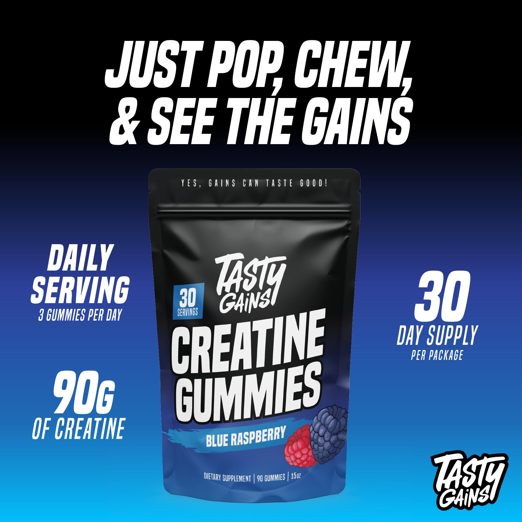 TASTY GAINS Creatine Gummies - 90g of Creatine Monohydrate - Workout Supplements - Build Muscle & Boost Strength for Men & Women - Made in USA - dailyvitalstore