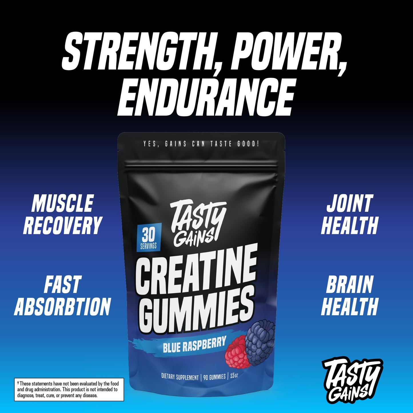 TASTY GAINS Creatine Gummies - 90g of Creatine Monohydrate - Workout Supplements - Build Muscle & Boost Strength for Men & Women - Made in USA - dailyvitalstore