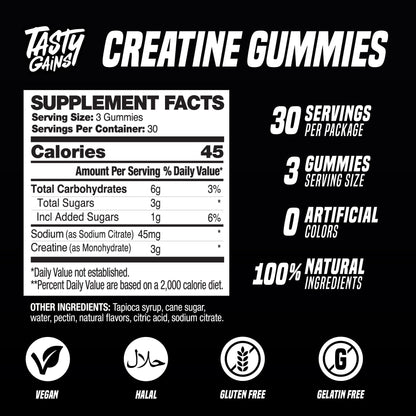 TASTY GAINS Creatine Gummies - 90g of Creatine Monohydrate - Workout Supplements - Build Muscle & Boost Strength for Men & Women - Made in USA - dailyvitalstore