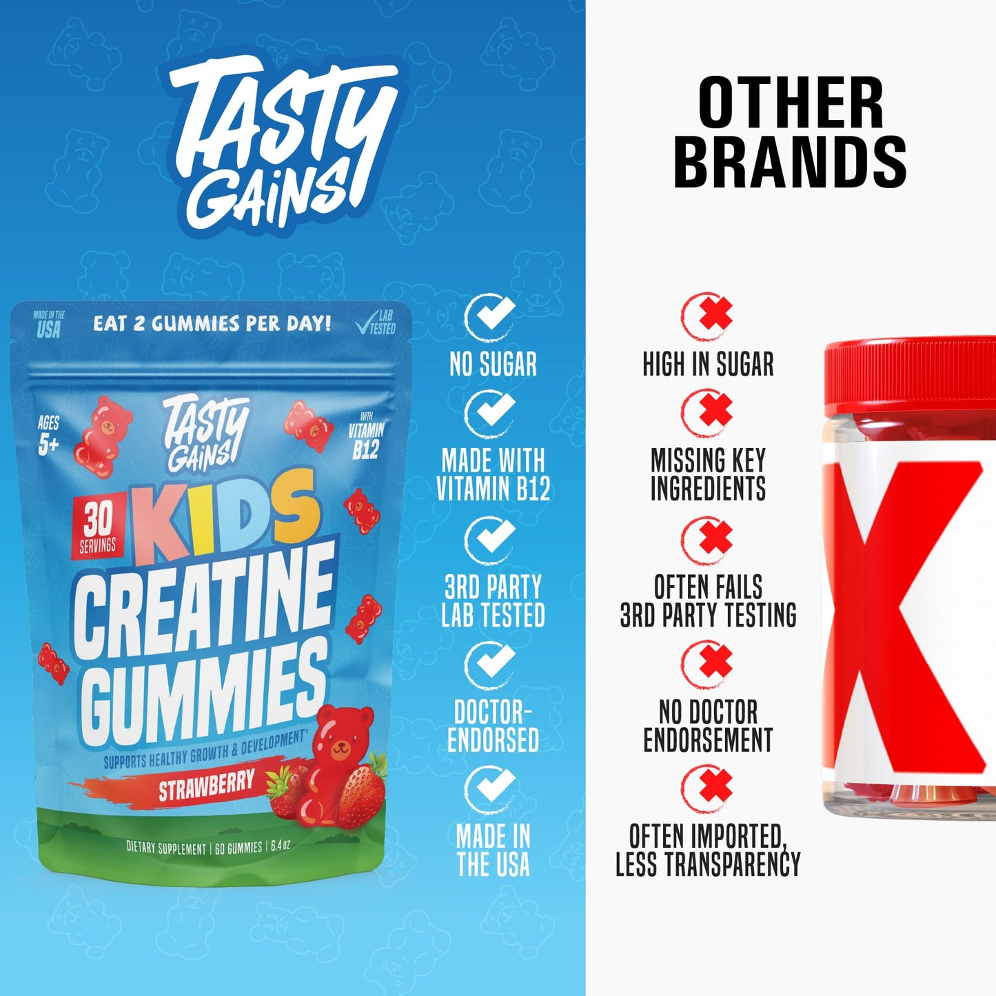 TASTY GAINS Kids & Teen Creatine Gummies with Vitamin B12 for Growth Support, Easy Chew Daily Supplement, Gummy Vitamins for Kids and Teens, Ages 5+ - dailyvitalstore