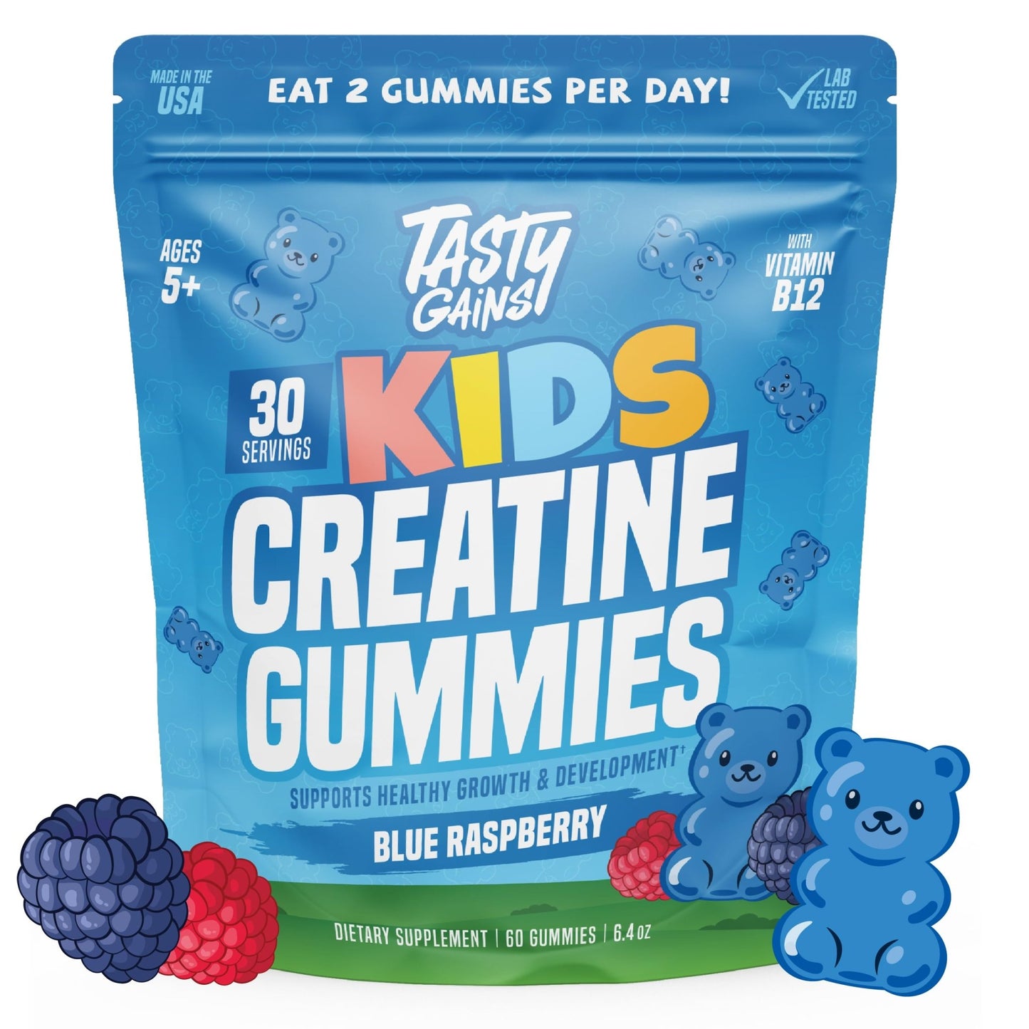 TASTY GAINS Kids & Teen Creatine Gummies with Vitamin B12 for Growth Support, Easy Chew Daily Supplement, Gummy Vitamins for Kids and Teens, Ages 5+ - dailyvitalstore