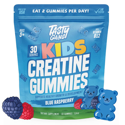 TASTY GAINS Kids & Teen Creatine Gummies with Vitamin B12 for Growth Support, Easy Chew Daily Supplement, Gummy Vitamins for Kids and Teens, Ages 5+ - dailyvitalstore