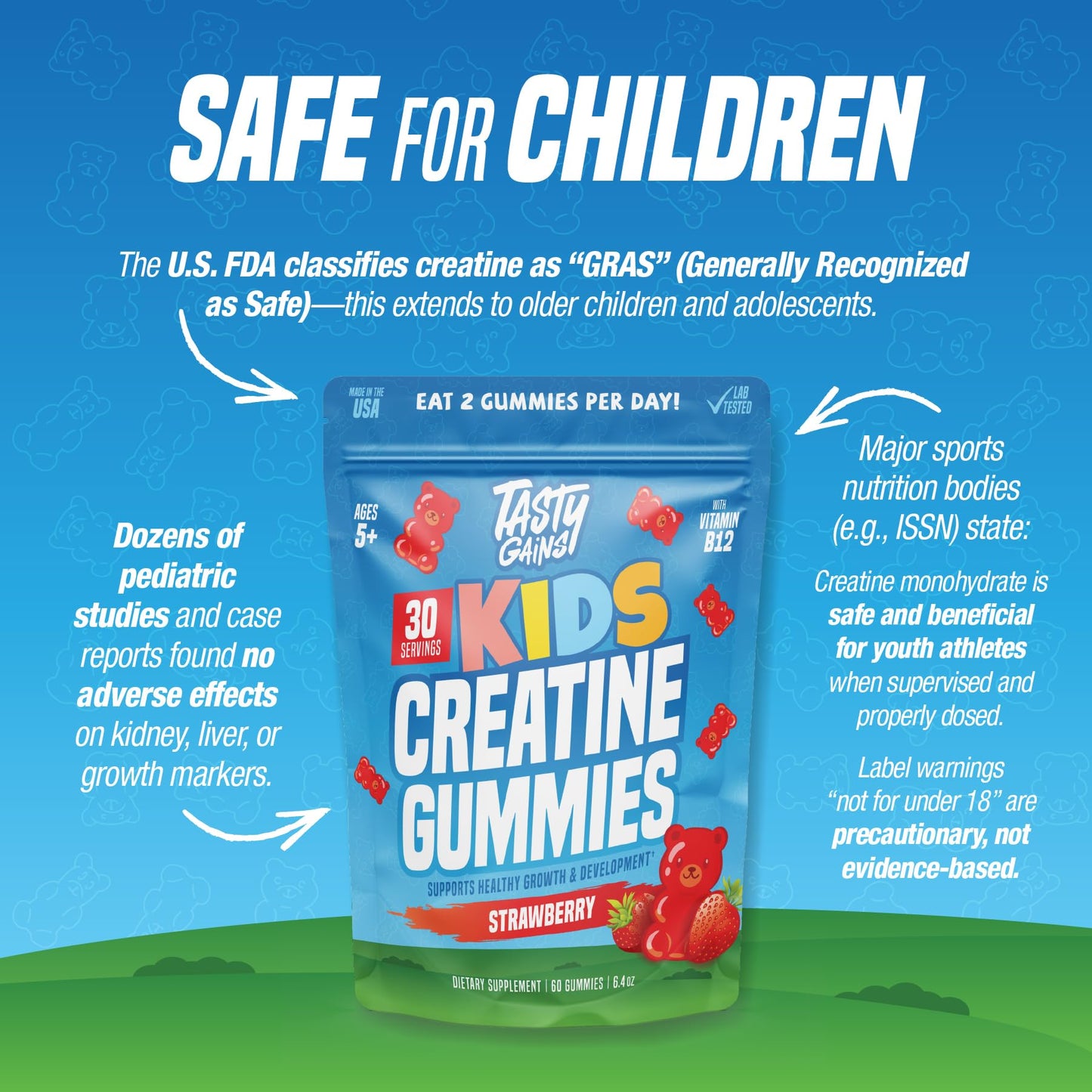 TASTY GAINS Kids & Teen Creatine Gummies with Vitamin B12 for Growth Support, Easy Chew Daily Supplement, Gummy Vitamins for Kids and Teens, Ages 5+ - dailyvitalstore