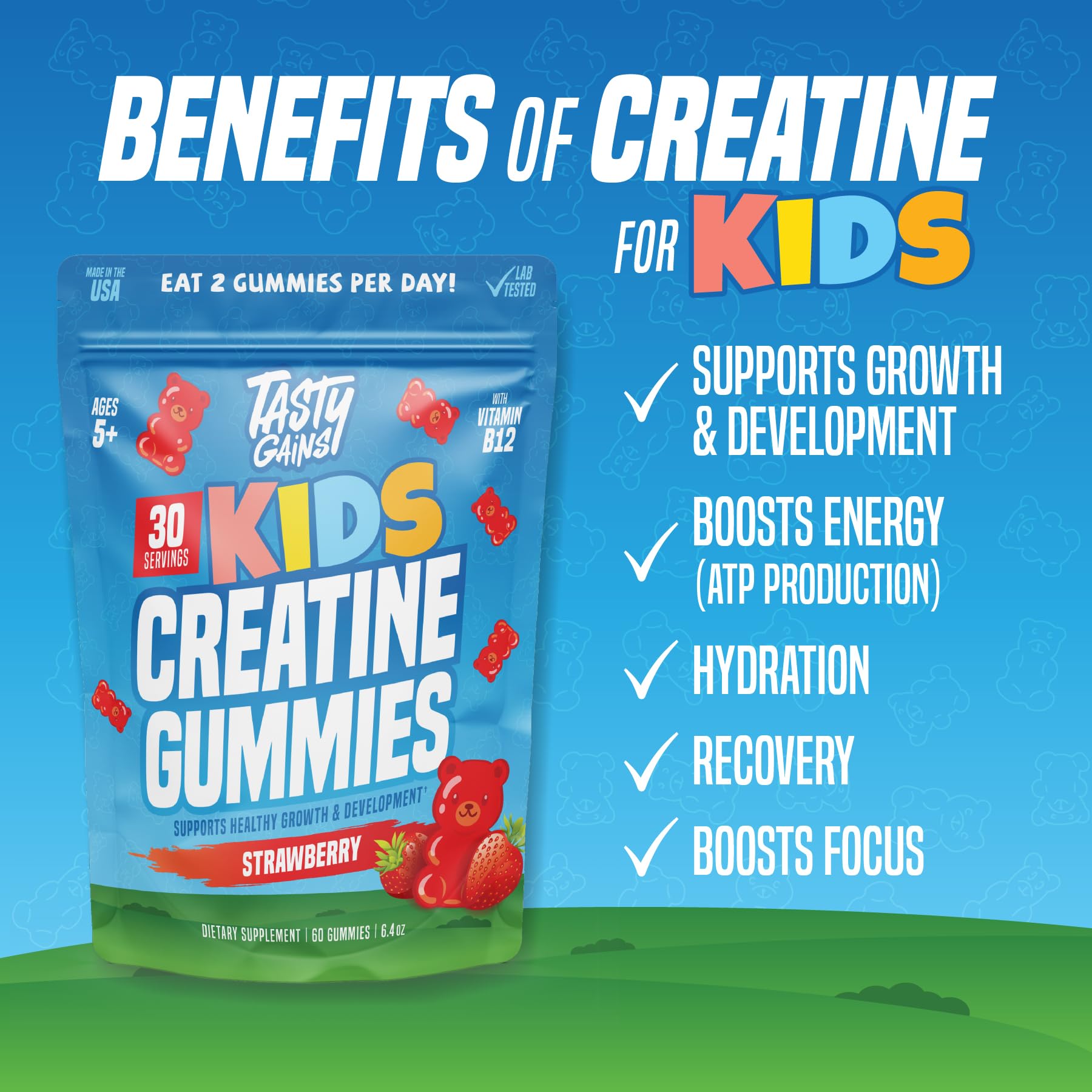 TASTY GAINS Kids & Teen Creatine Gummies with Vitamin B12 for Growth Support, Easy Chew Daily Supplement, Gummy Vitamins for Kids and Teens, Ages 5+ - dailyvitalstore